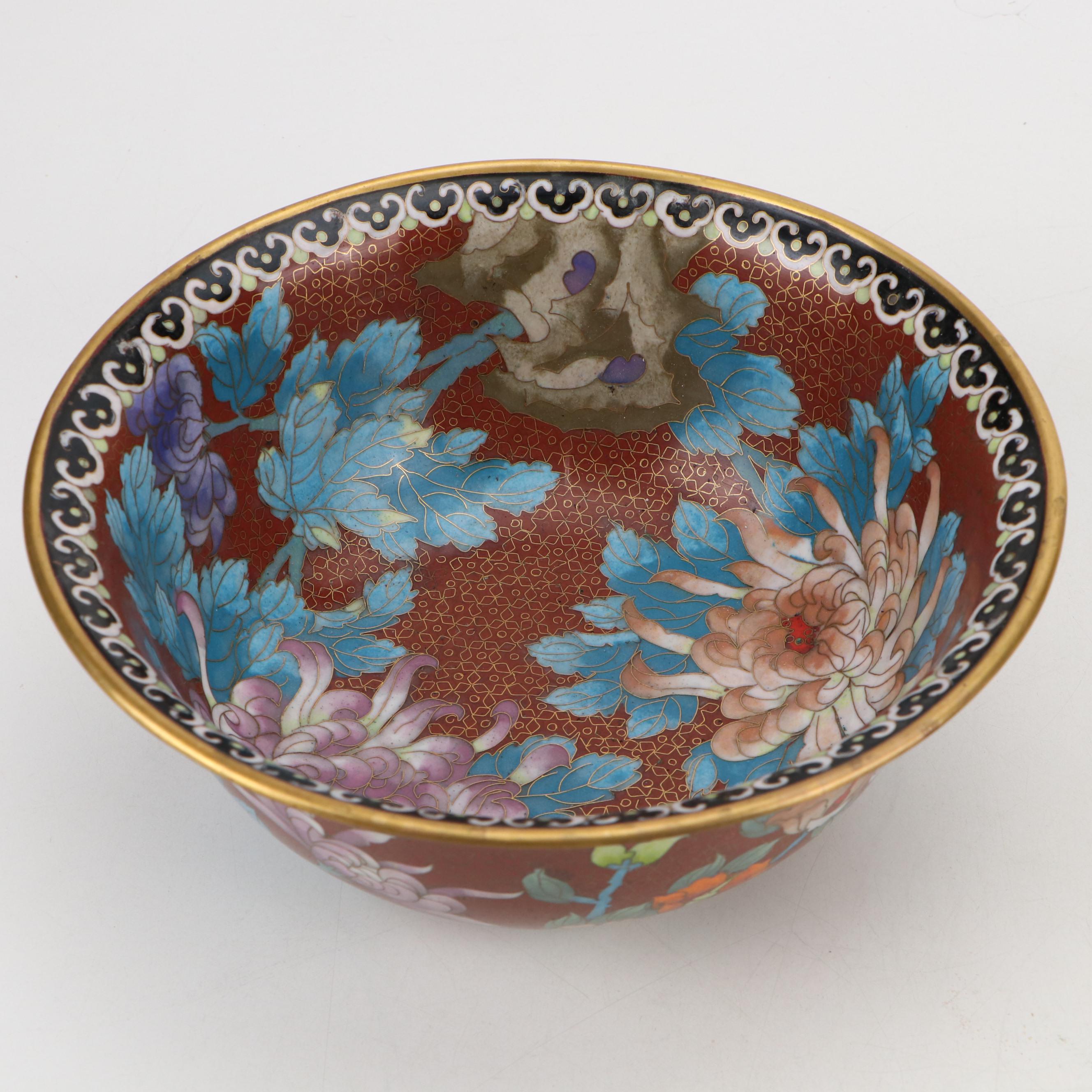 Pair of Chinese Cloisonné Enamel Vases and Bowl with Chrysanthemum Motif