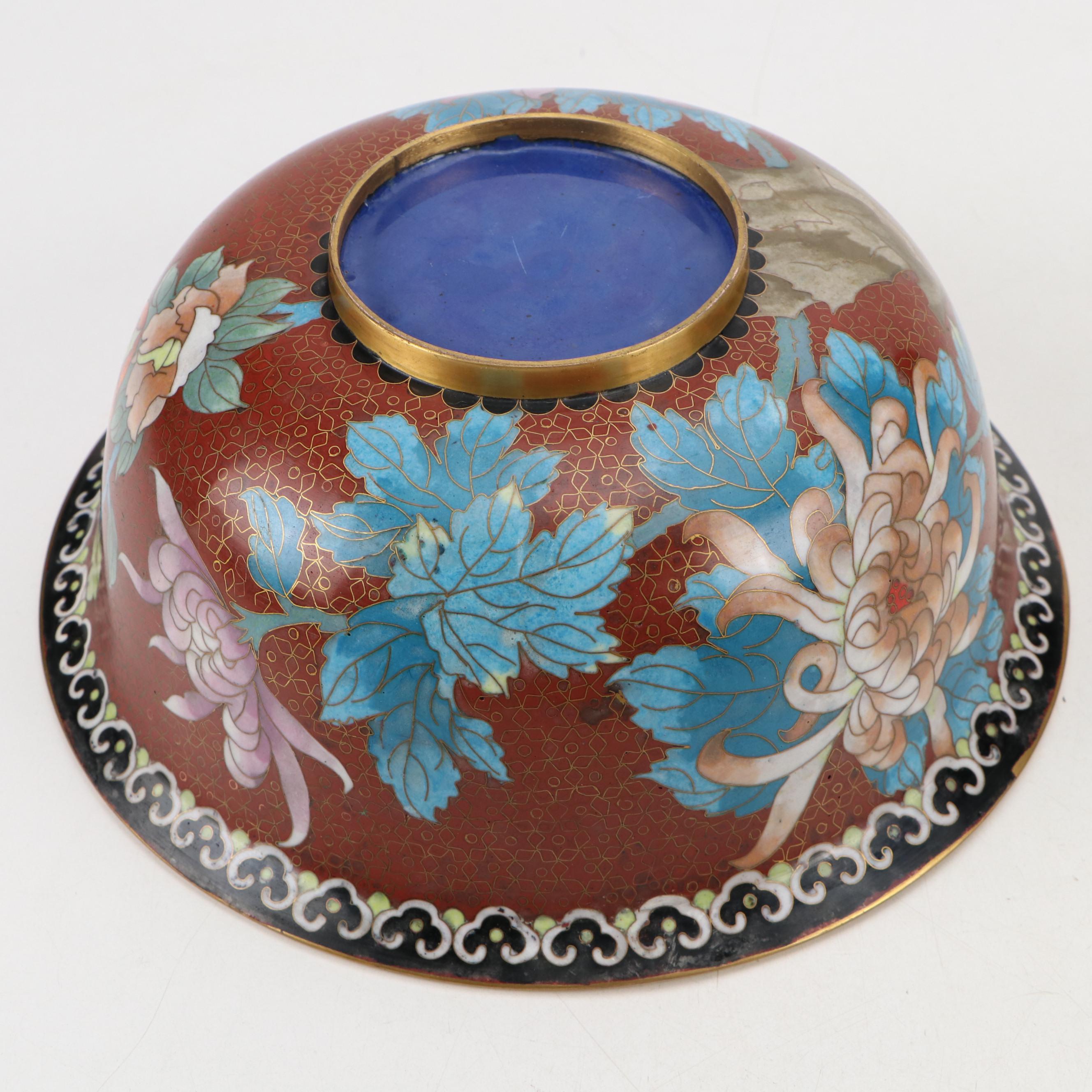 Pair of Chinese Cloisonné Enamel Vases and Bowl with Chrysanthemum Motif
