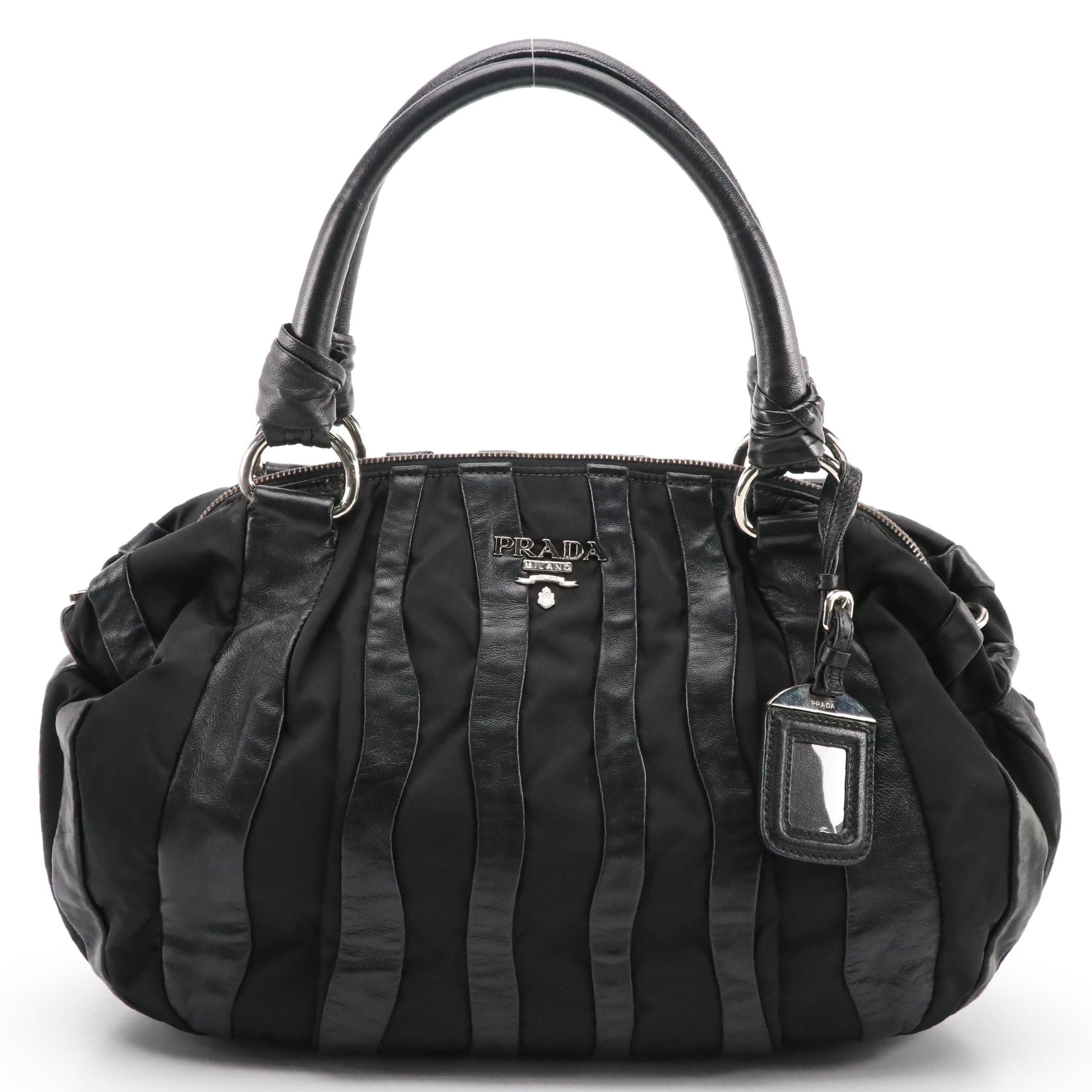 Prada Handbag in Black Tessuto Nylon and Striped Wave Nappa Leather