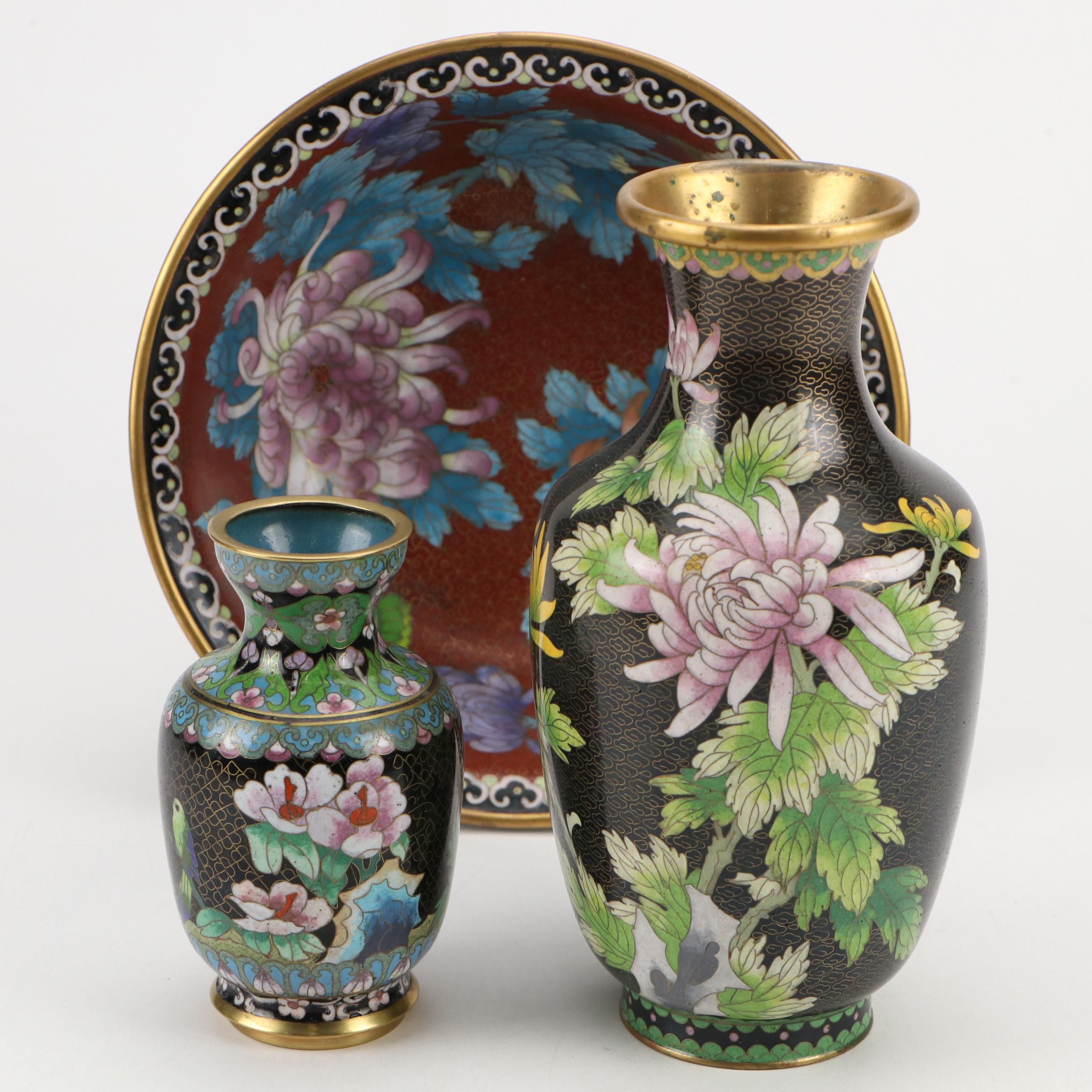 Pair of Chinese Cloisonné Enamel Vases and Bowl with Chrysanthemum Motif