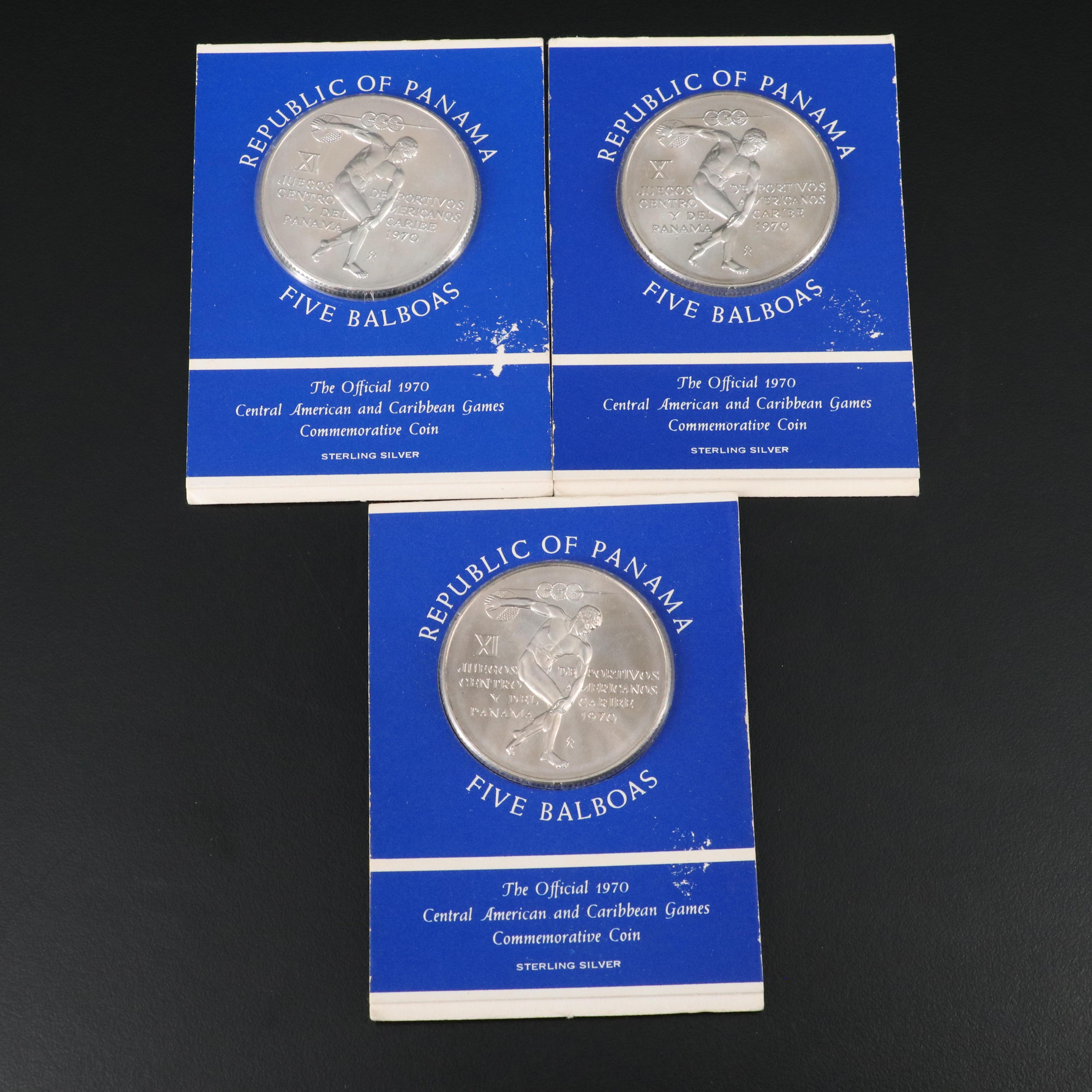 Three 1970 Panama Five Balboas Silver Coins