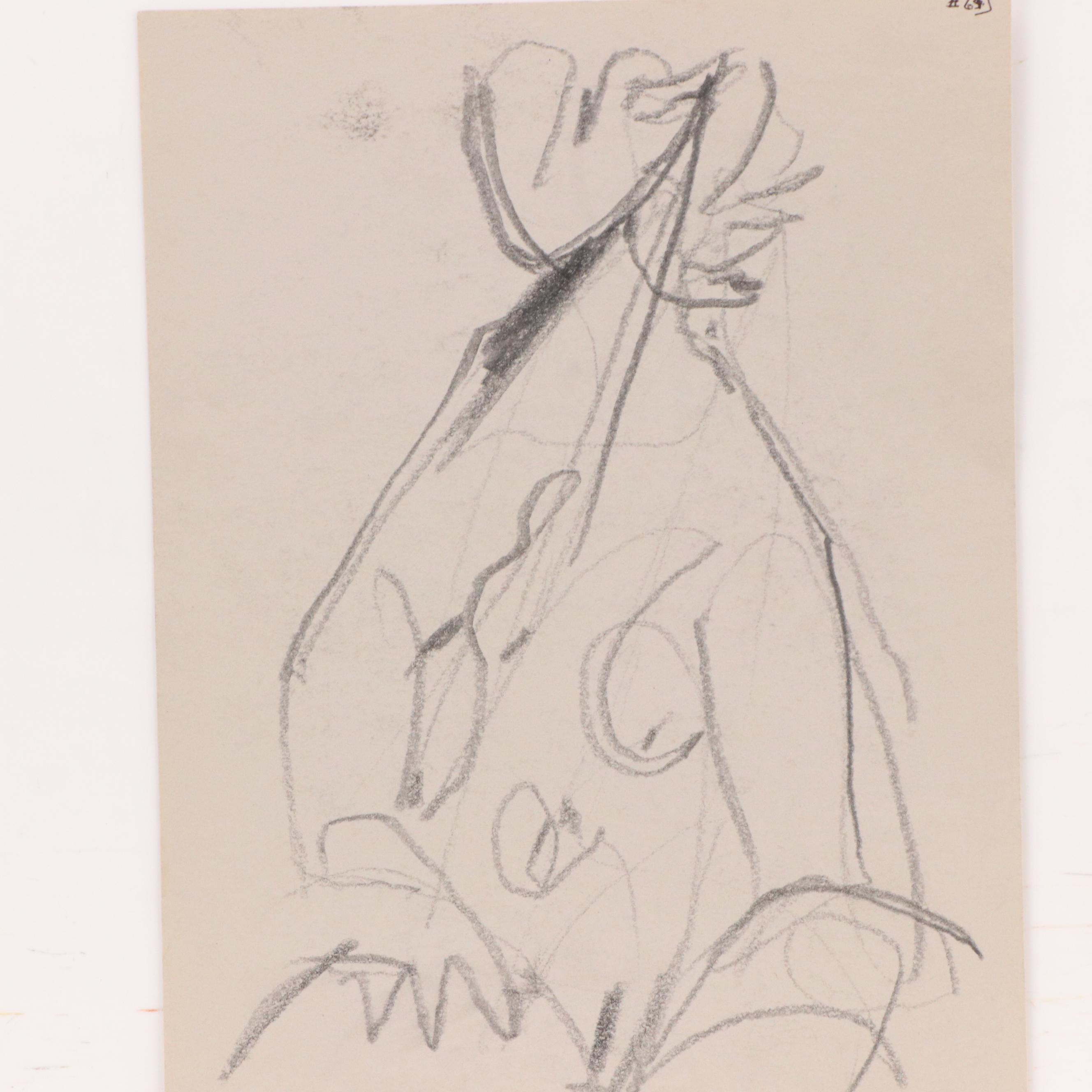 Jack Meanwell Double-Sided Modern Abstract Graphite Drawing, Late 20th Century