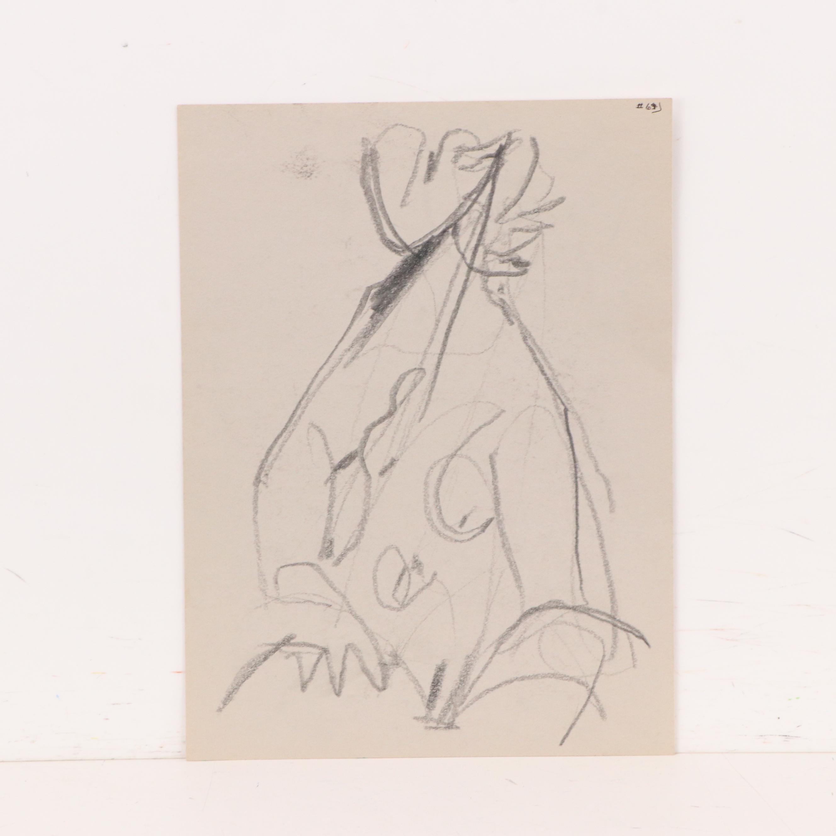 Jack Meanwell Double-Sided Modern Abstract Graphite Drawing, Late 20th Century