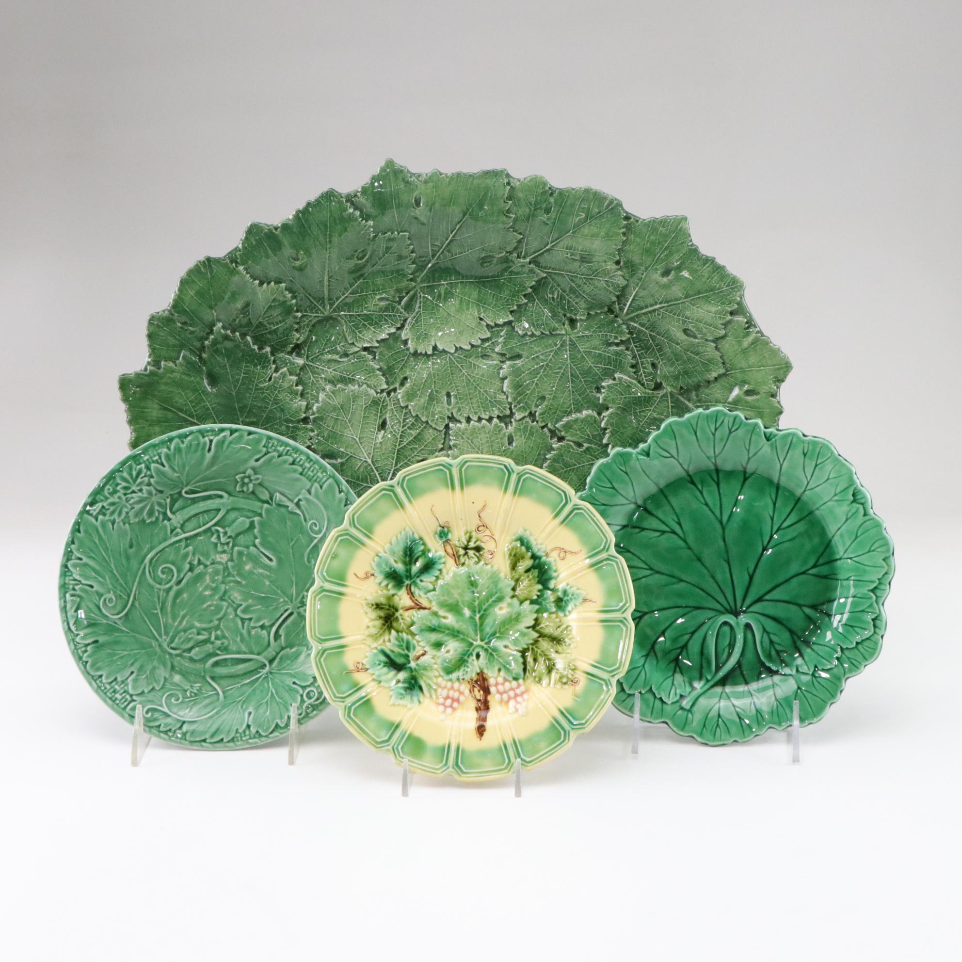 Majolica Leaf Motif Platter & Plates