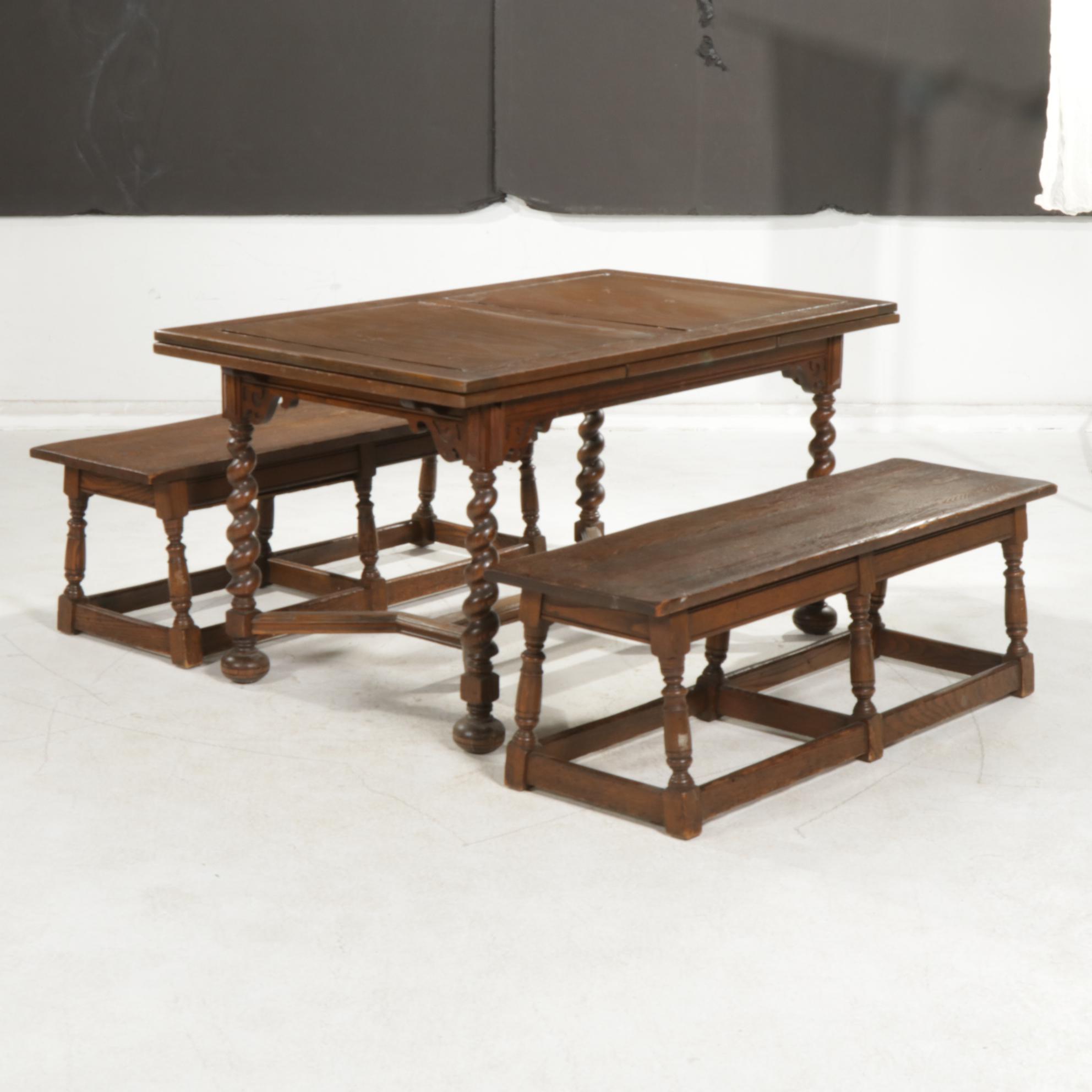 Grand  Rapids Chair Company Oak Barley Twist Dining Table and Storage Benches