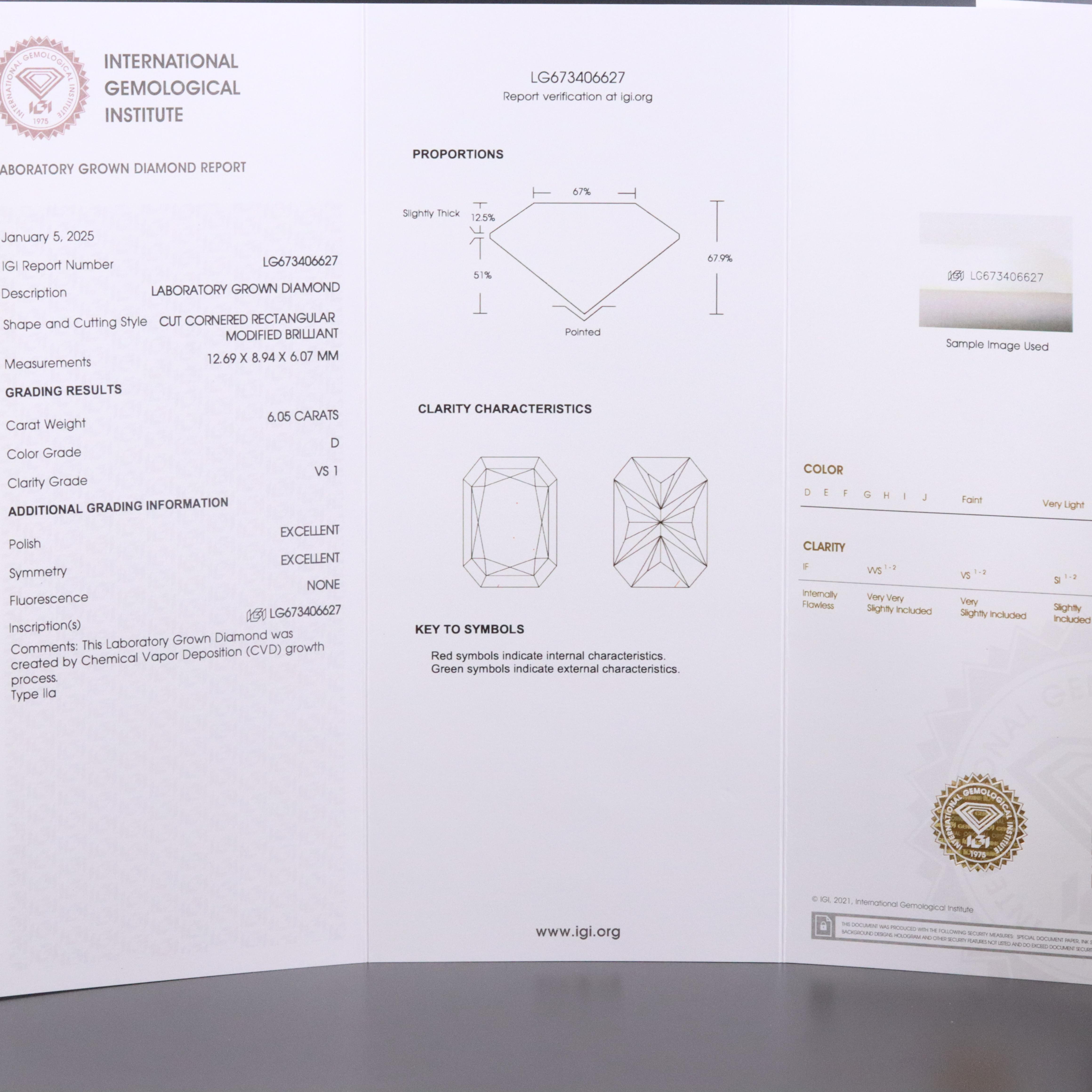Loose 6.05 CT Lab Grown Diamond with IGI Report