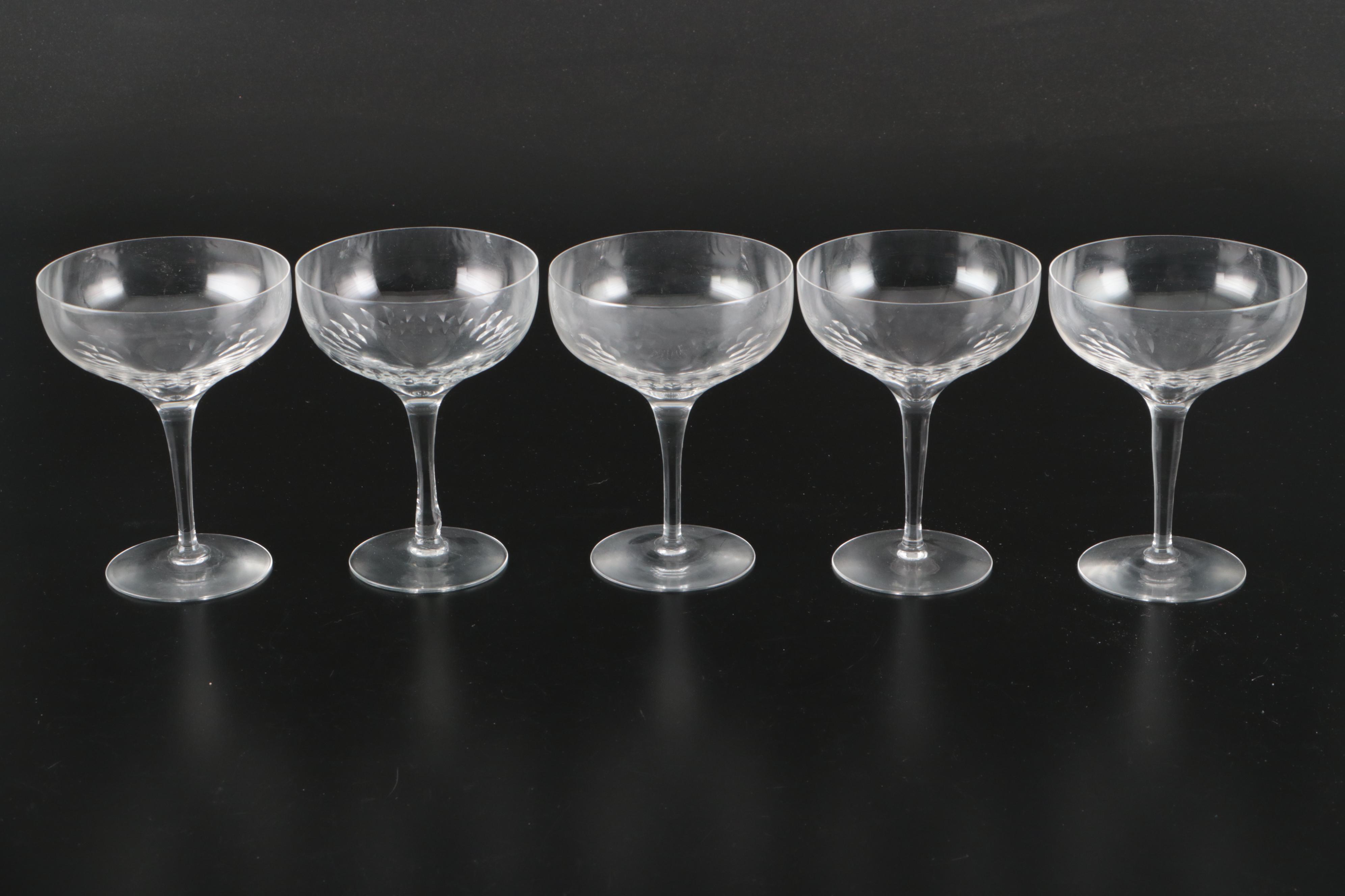 Orrefors "Prelude" Champagne Coupes and Baroque Style Silver Plate Serving Tray