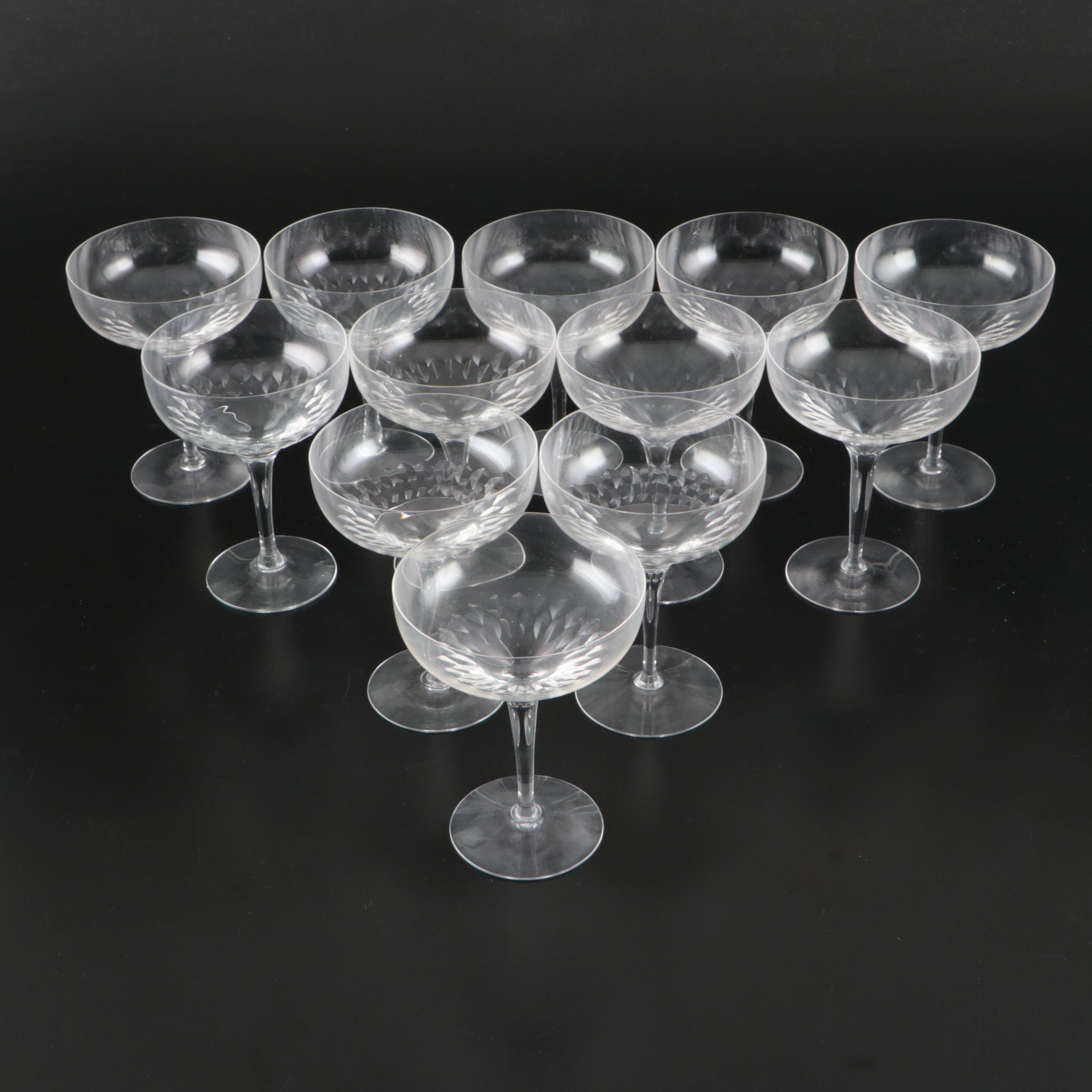 Orrefors "Prelude" Champagne Coupes and Baroque Style Silver Plate Serving Tray