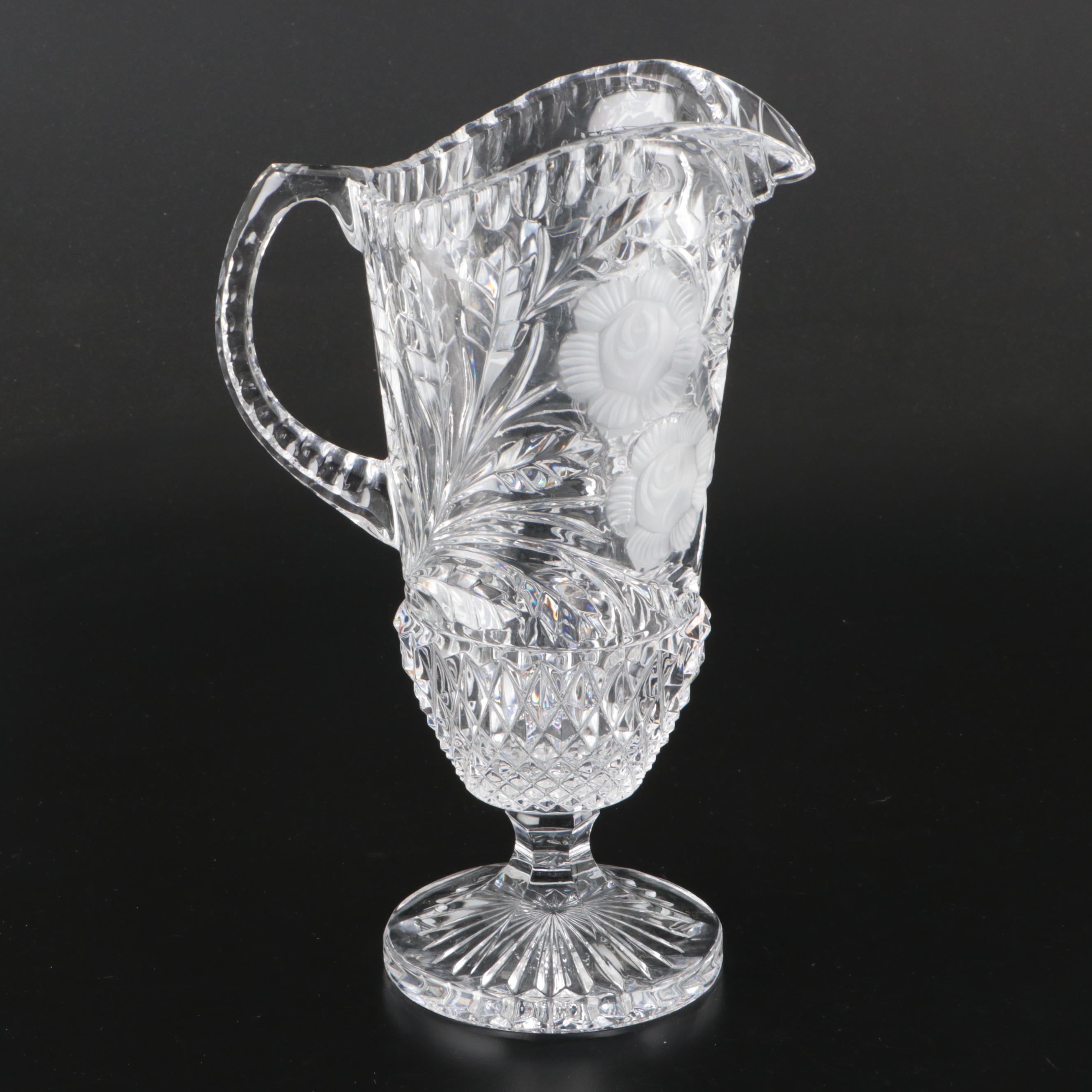 Cut and Etched Crystal Footed Pitcher, Mid to Late 20th Century
