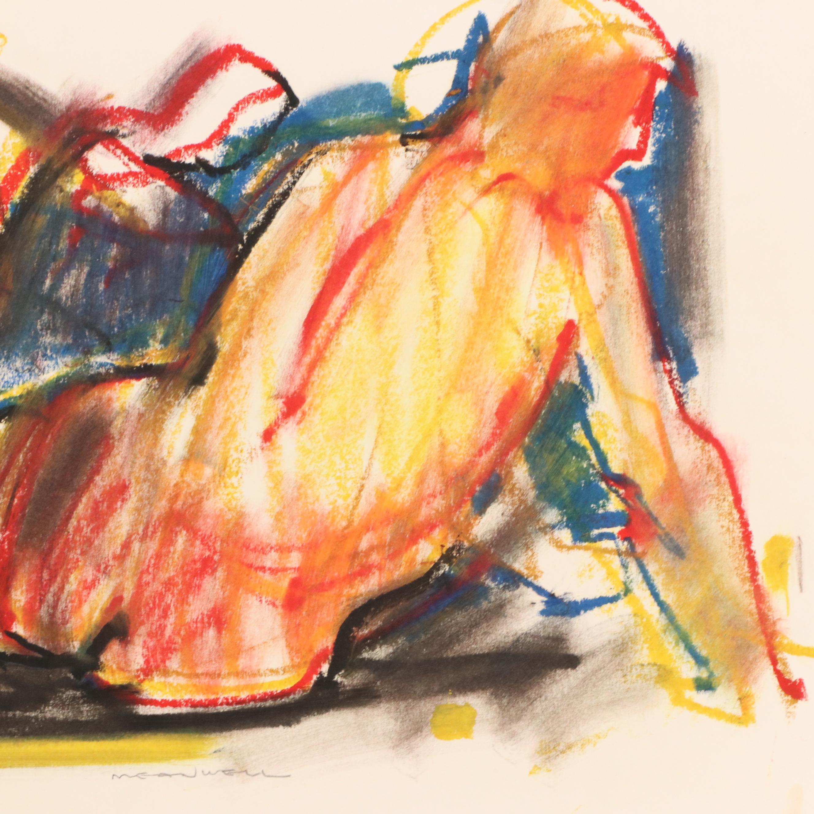 Jack Meanwell Modern Figural Oil Pastel Drawing, Late 20th Century