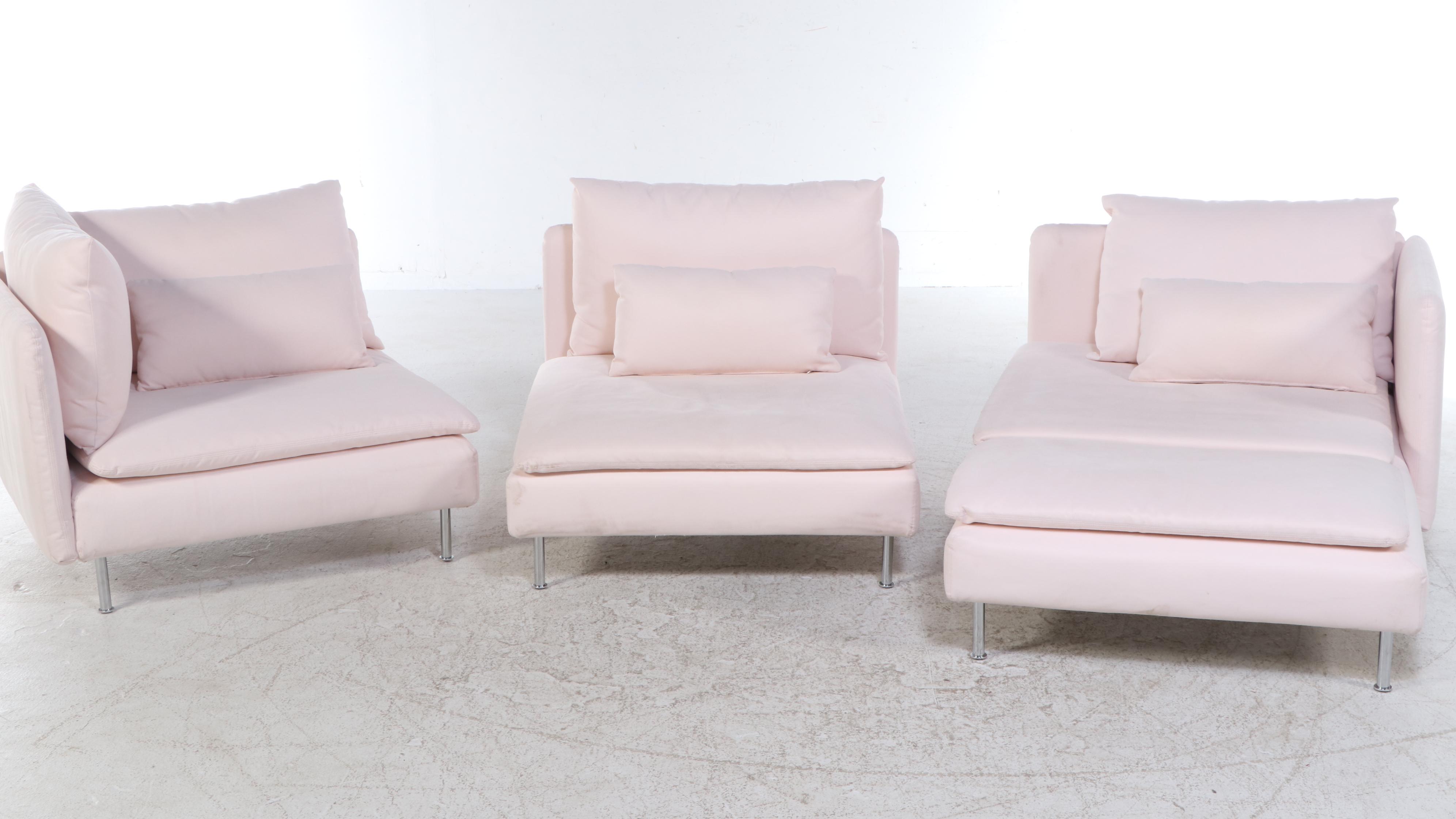 IKEA Modernist Style Blush Fabric Upholstered Three-Piece Sectional Sofa
