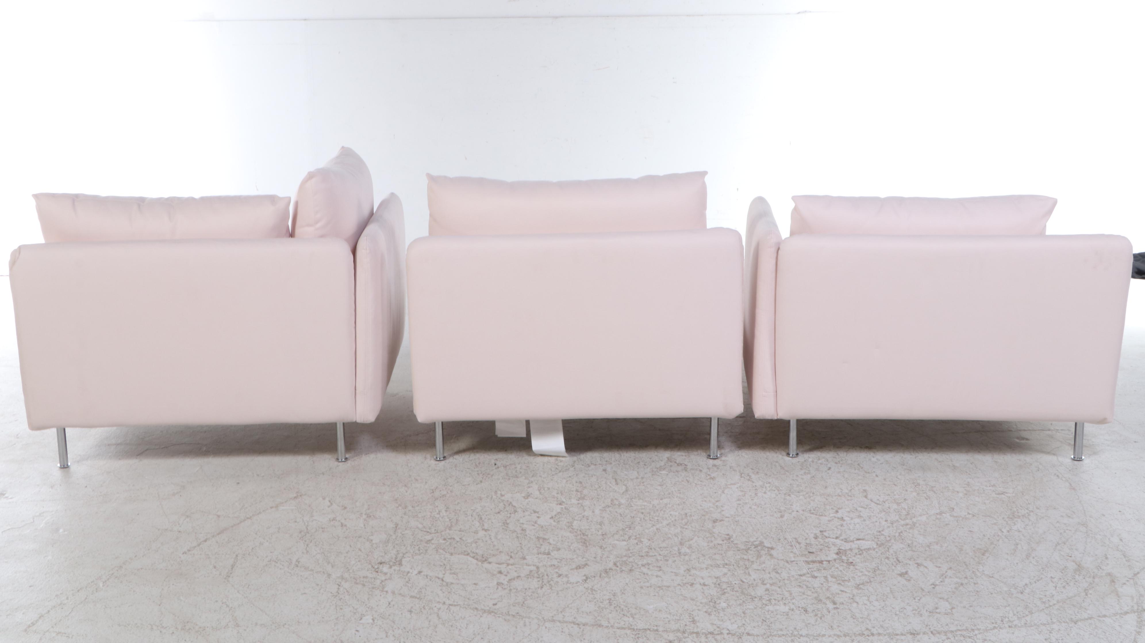 IKEA Modernist Style Blush Fabric Upholstered Three-Piece Sectional Sofa