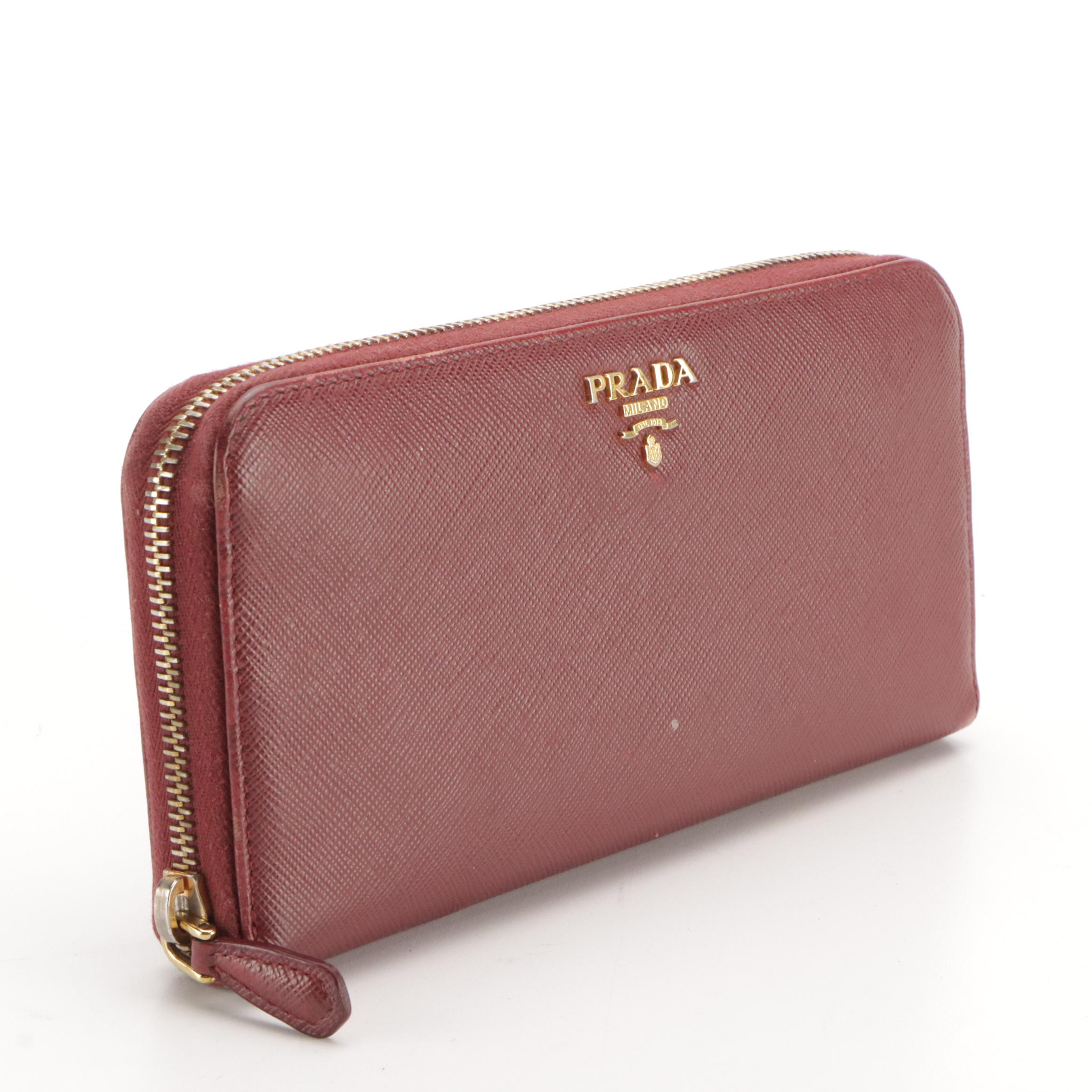 Prada Burgundy Saffiano Leather Zip-Around Wallet in Box