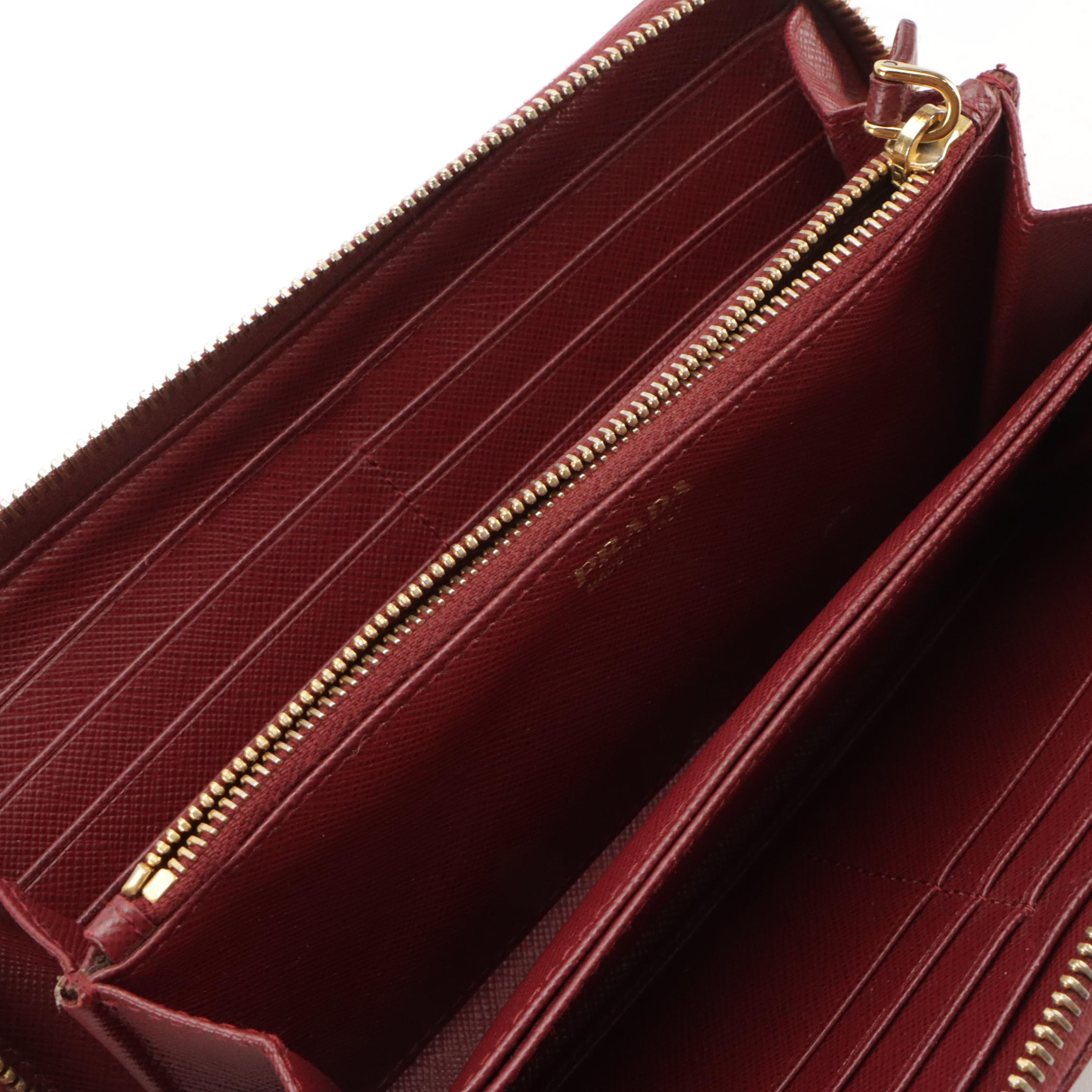 Prada Burgundy Saffiano Leather Zip-Around Wallet in Box