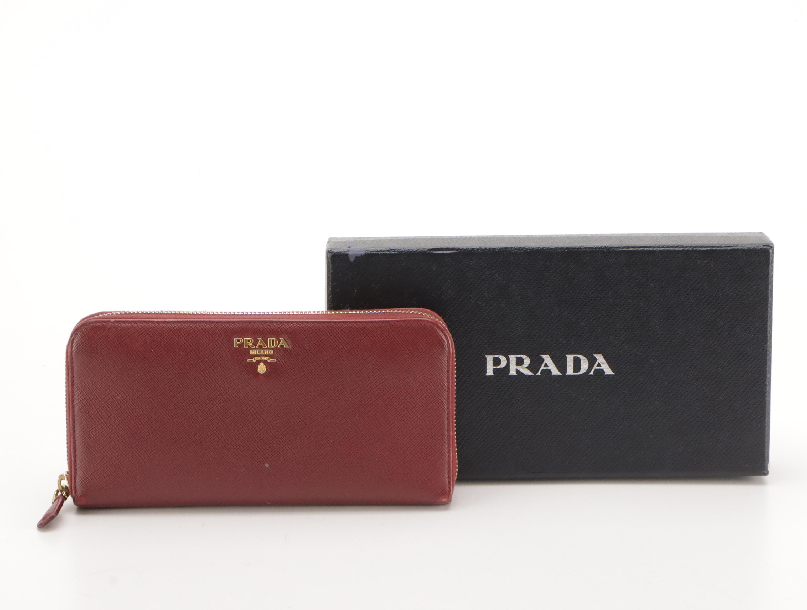 Prada Burgundy Saffiano Leather Zip-Around Wallet in Box
