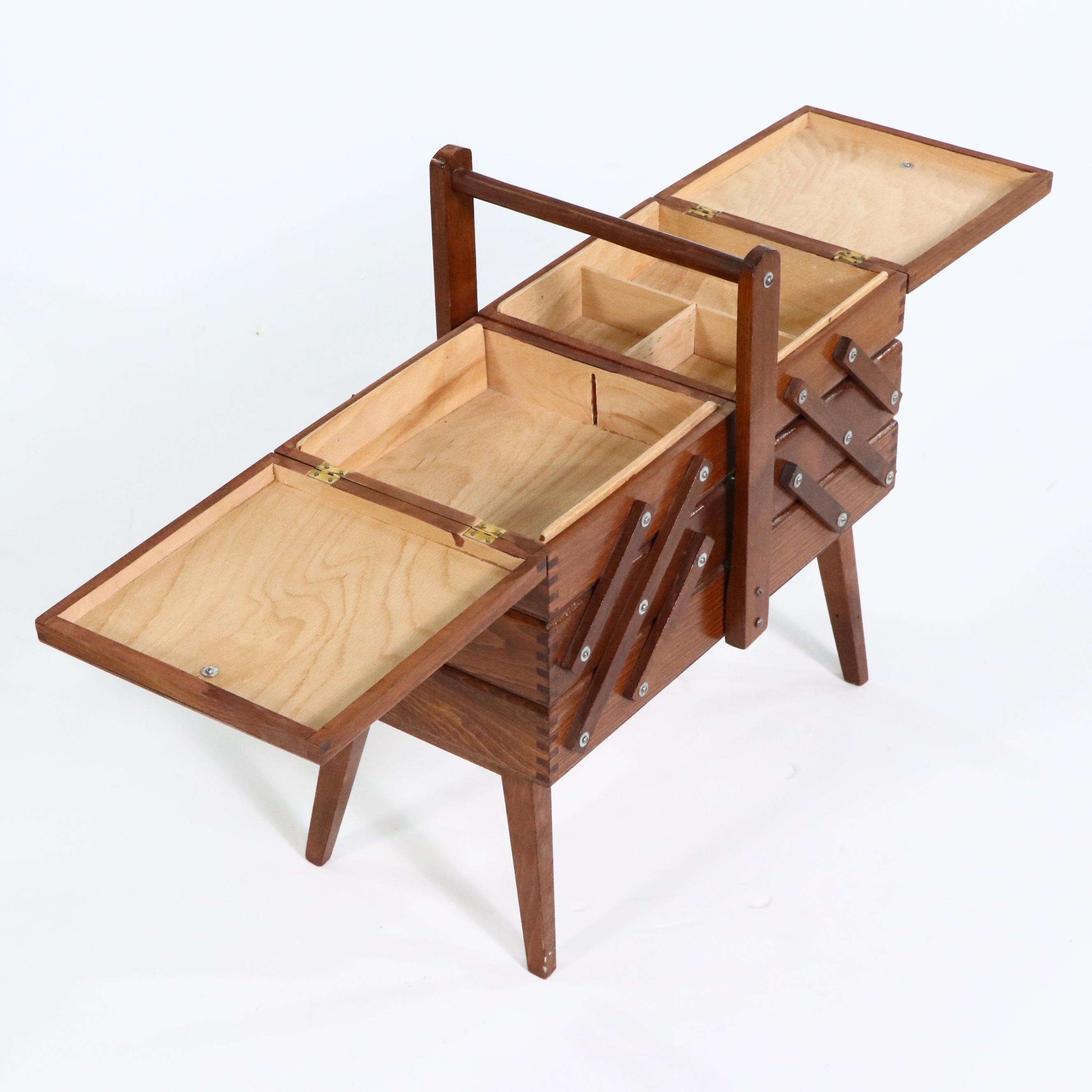 Mid Century Modern Walnut Accordion Sewing Box, Mid-20th Century