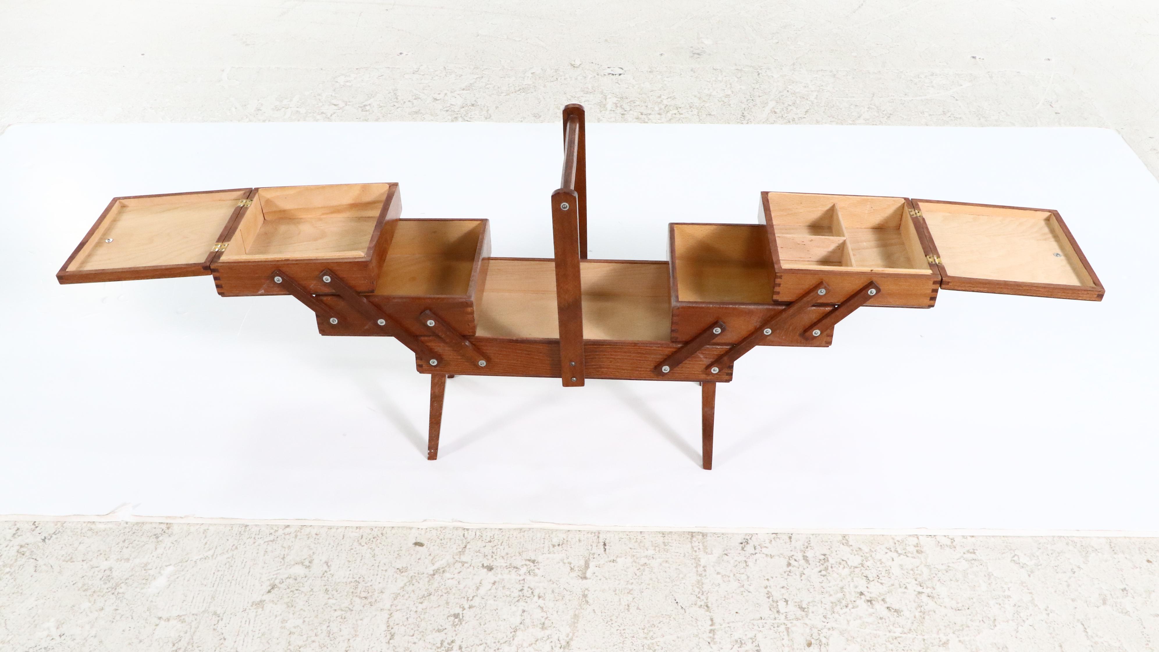 Mid Century Modern Walnut Accordion Sewing Box, Mid-20th Century