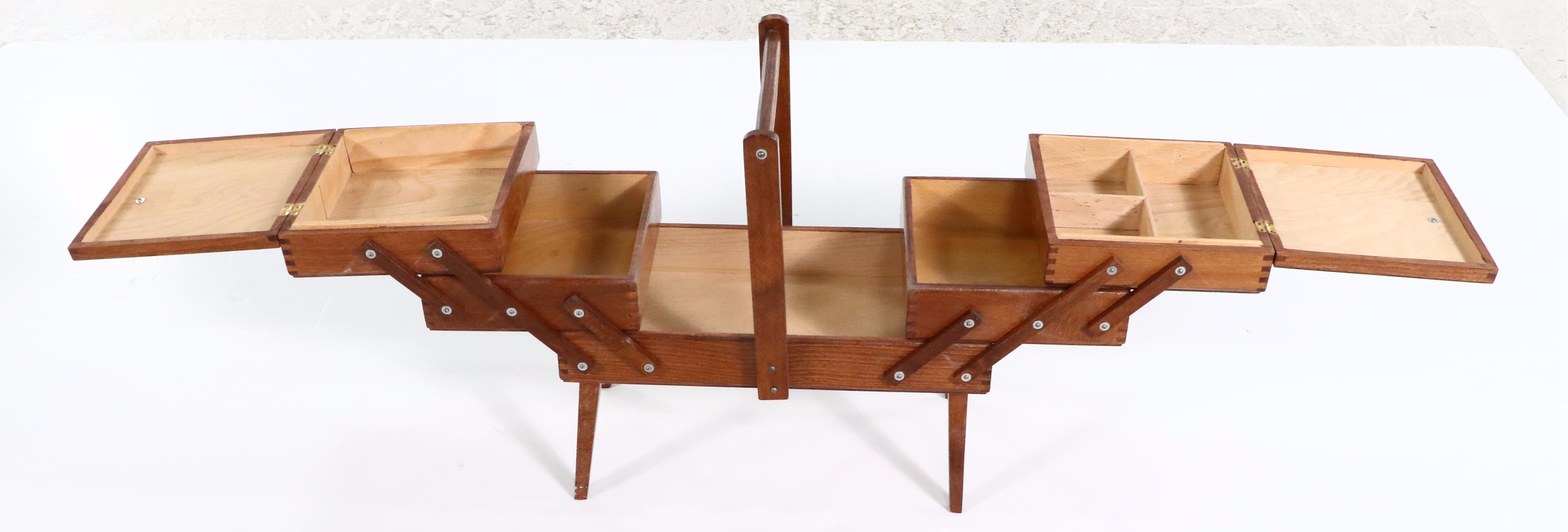Mid Century Modern Walnut Accordion Sewing Box, Mid-20th Century