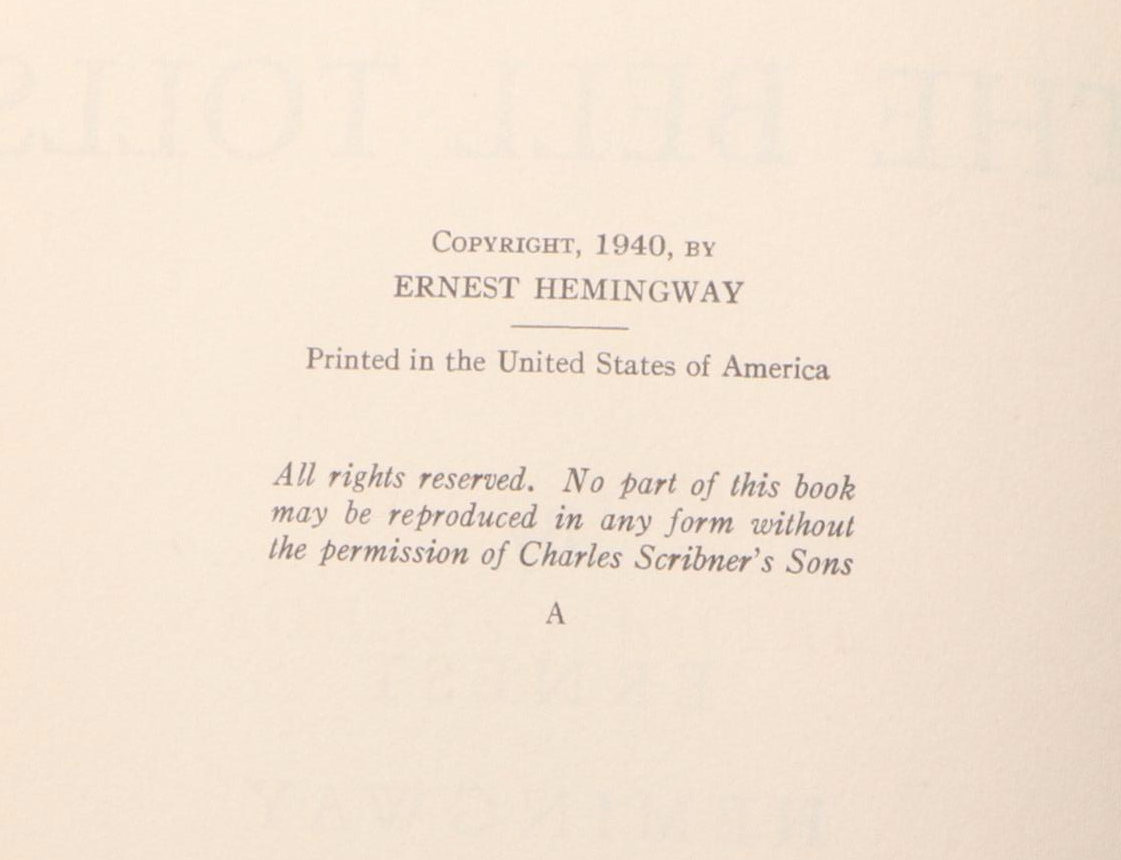 First Edition "For Whom the Bell Tolls" by Ernest Hemingway, 1940