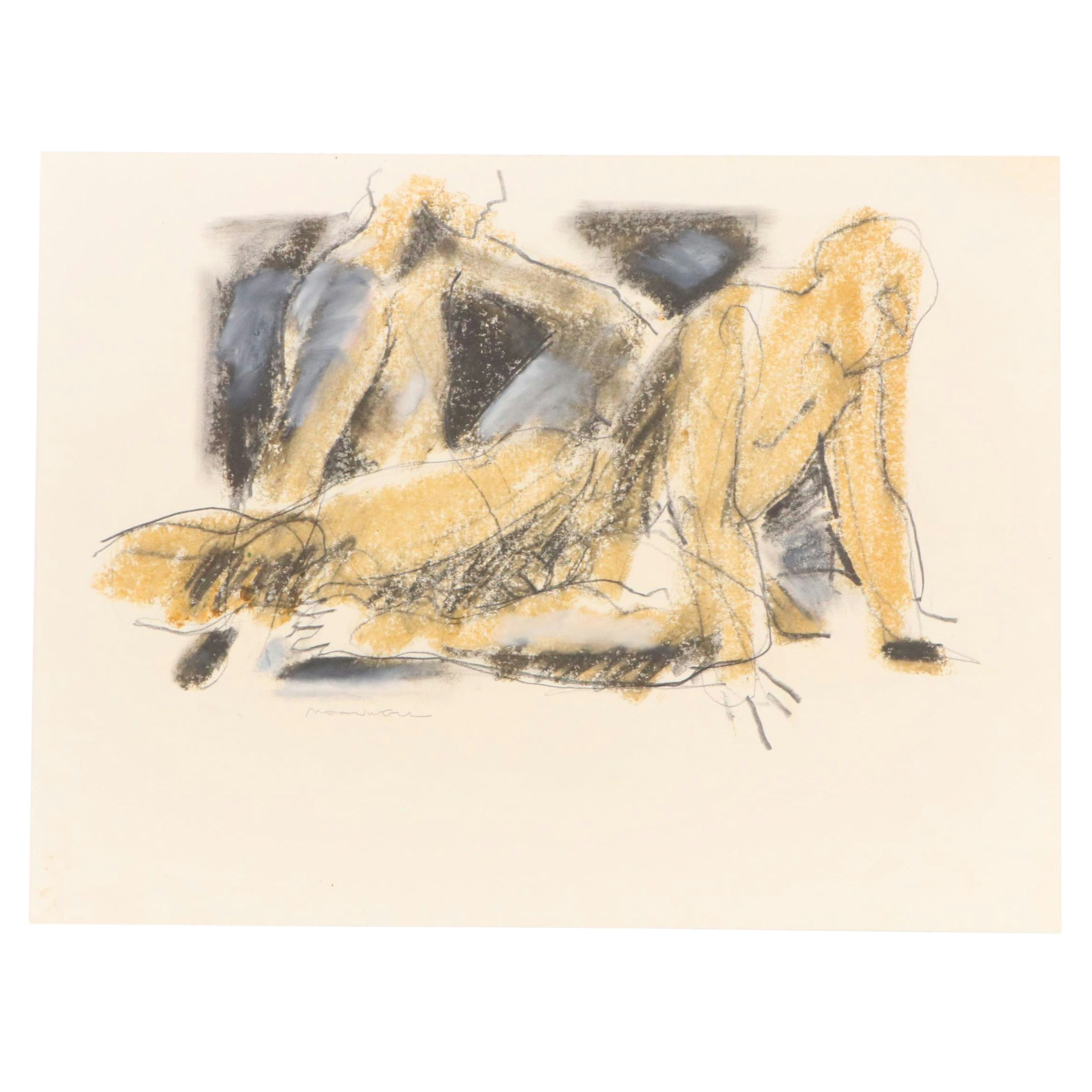 Jack Meanwell Modern Figural Oil Pastel Drawing, Late 20th Century