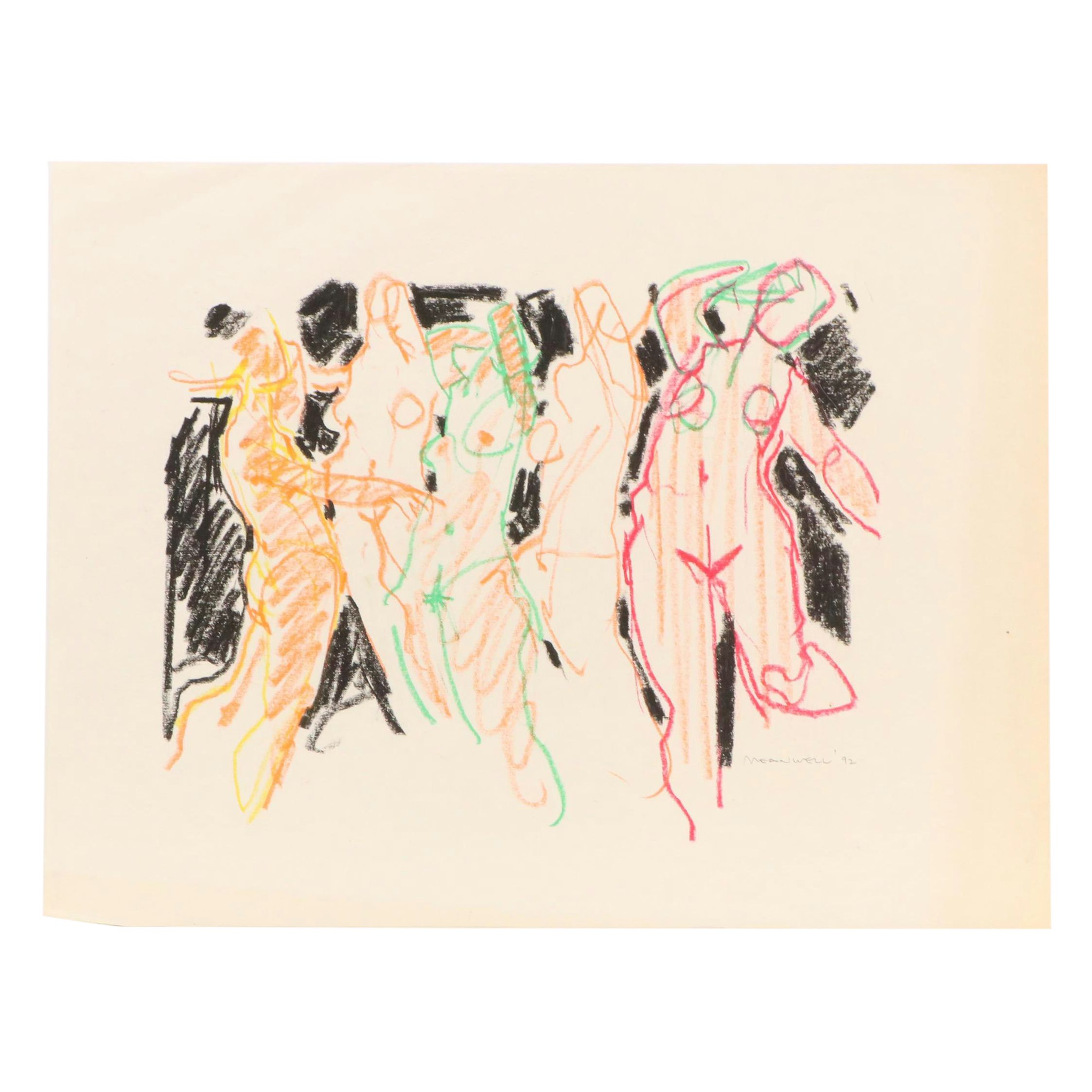 Jack Meanwell Modern Figural Oil Pastel Drawing, 1992