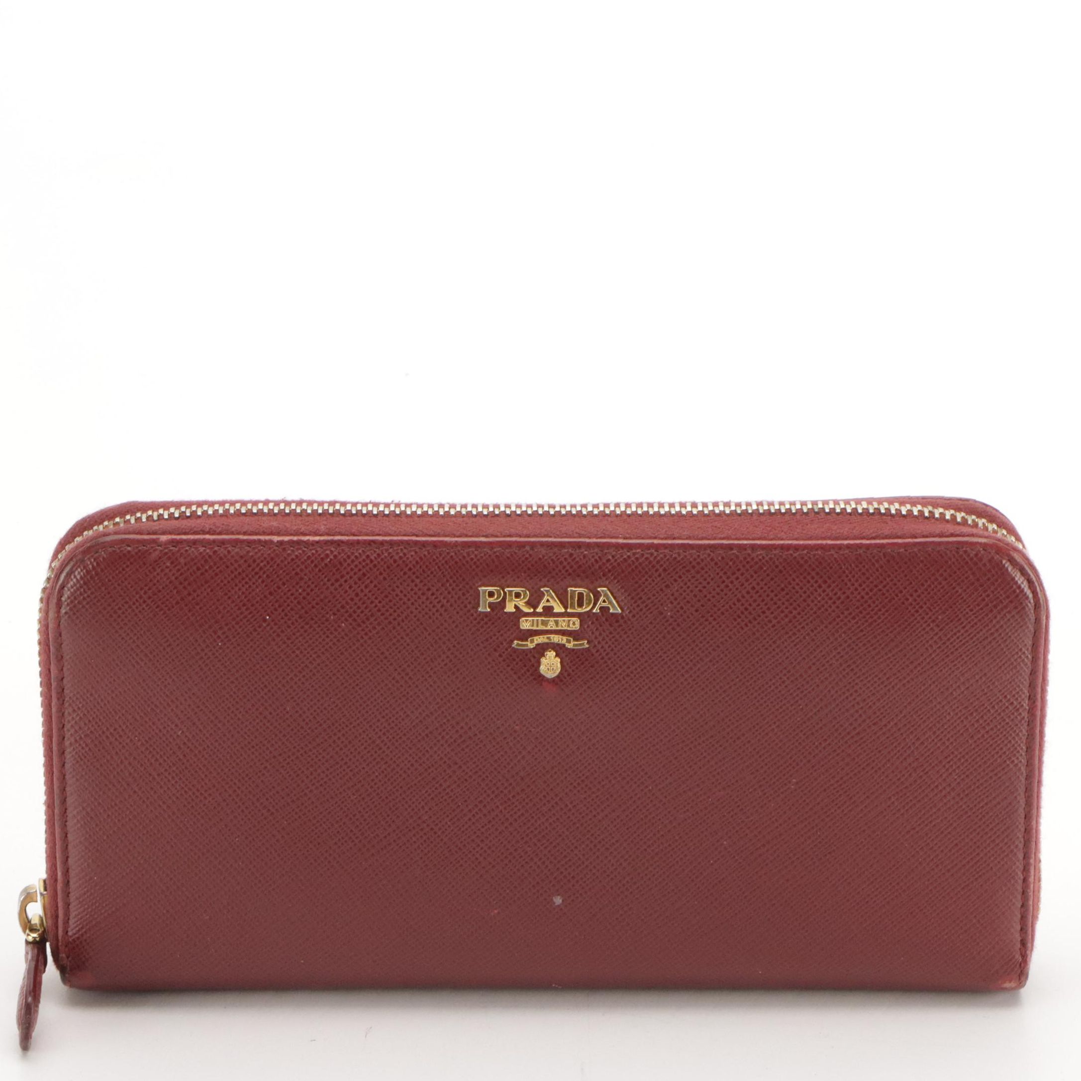Prada Burgundy Saffiano Leather Zip-Around Wallet in Box
