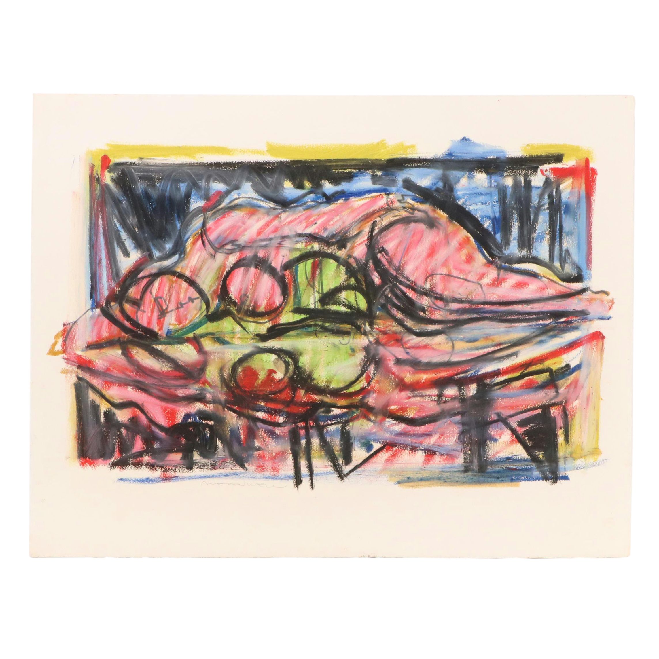Jack Meanwell Modern Figural Oil Pastel Drawing, Late 20th Century