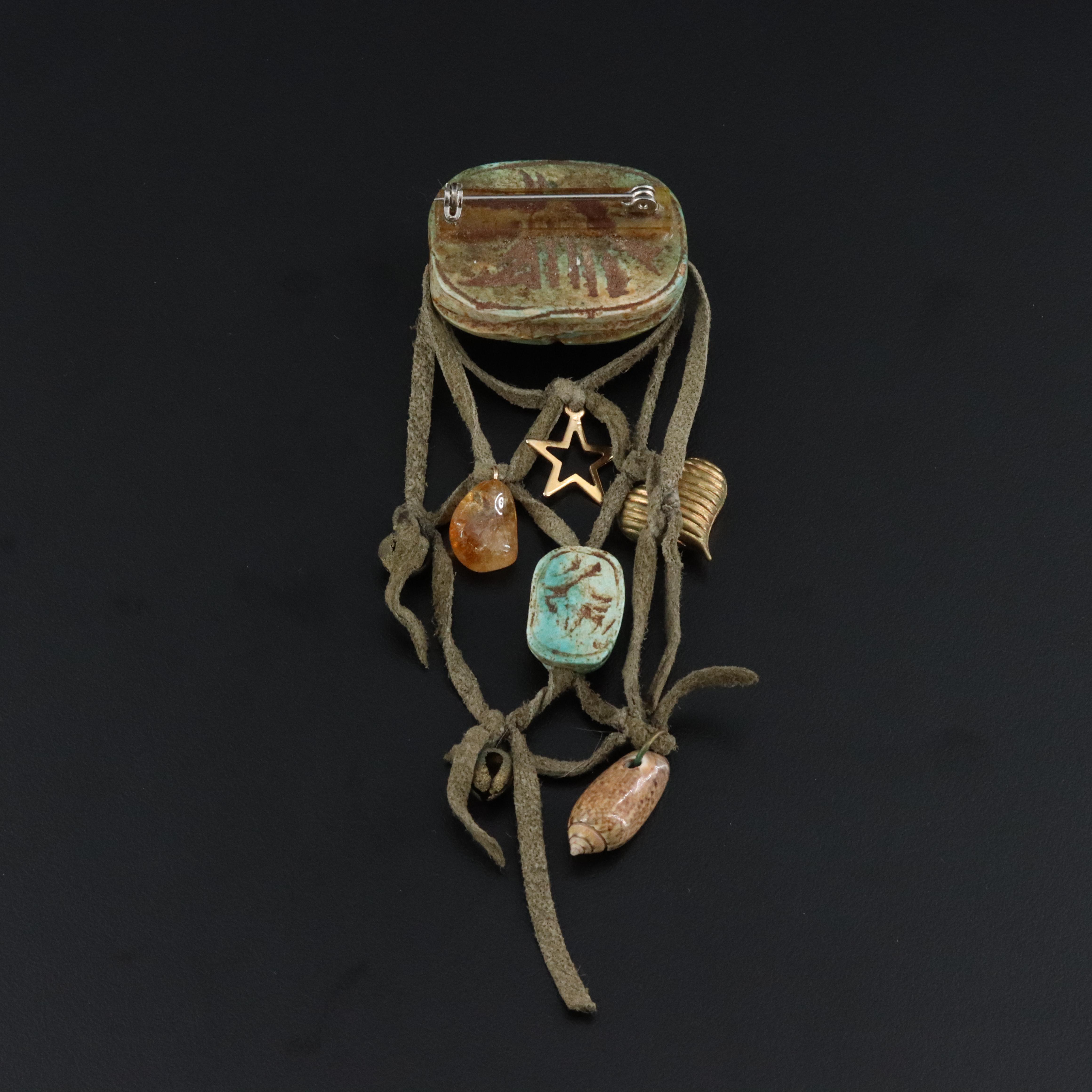 Faience  Scarab Brooch with Citrine and Shell
