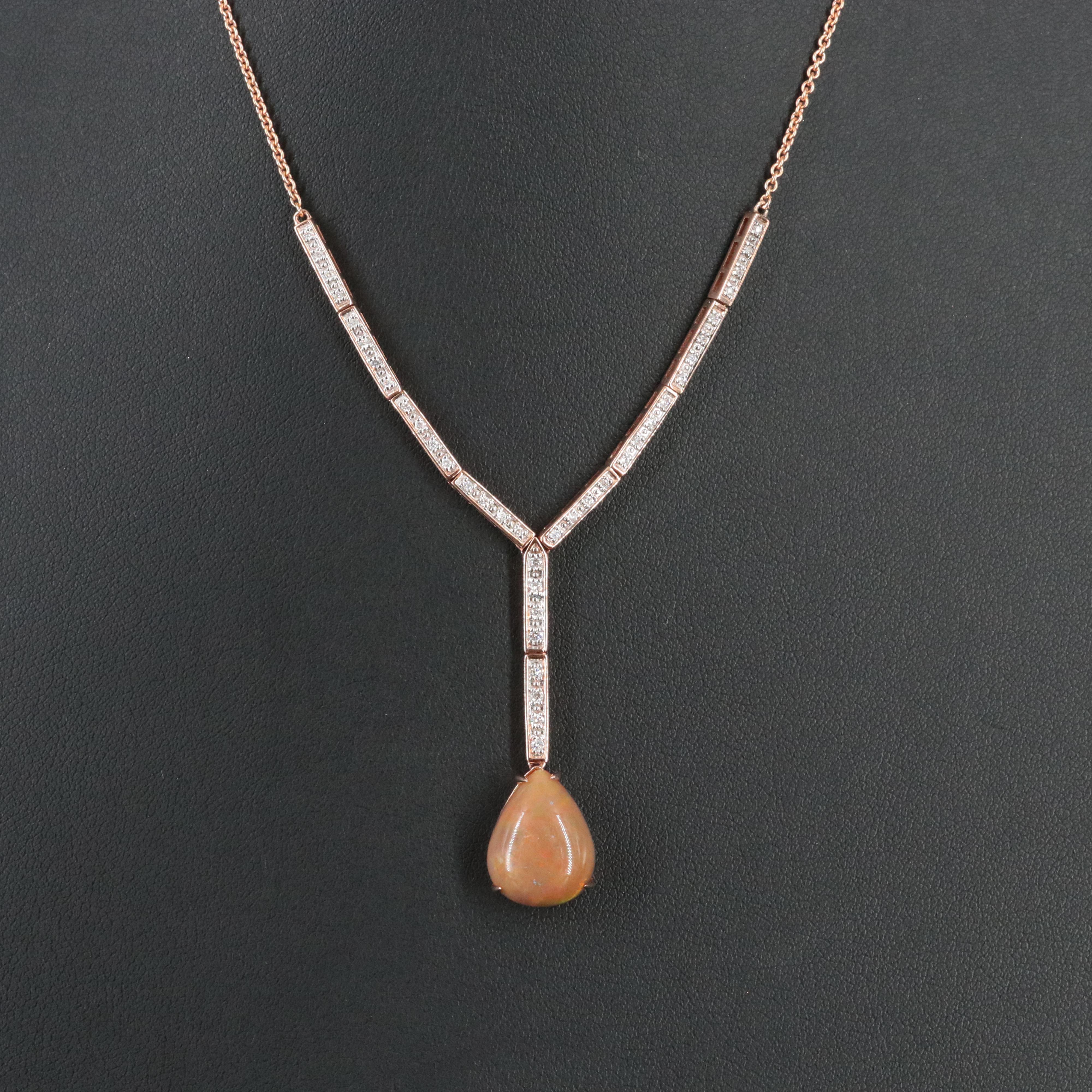14K Rose Gold Opal and 0.27 CTW Diamond Y Necklace