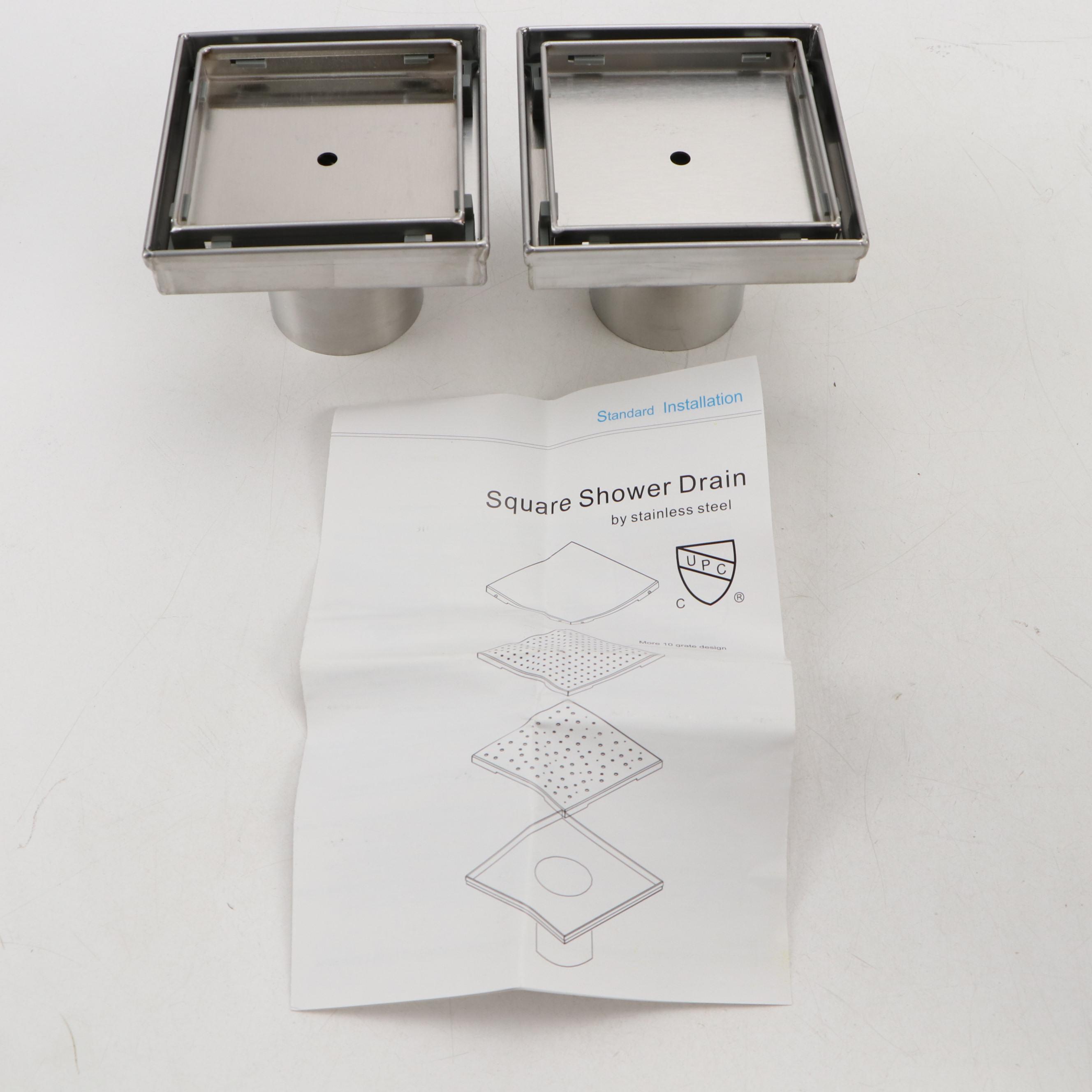 4" Square Tile-In Shower Drains in Brushed Stainless Steel, Pair