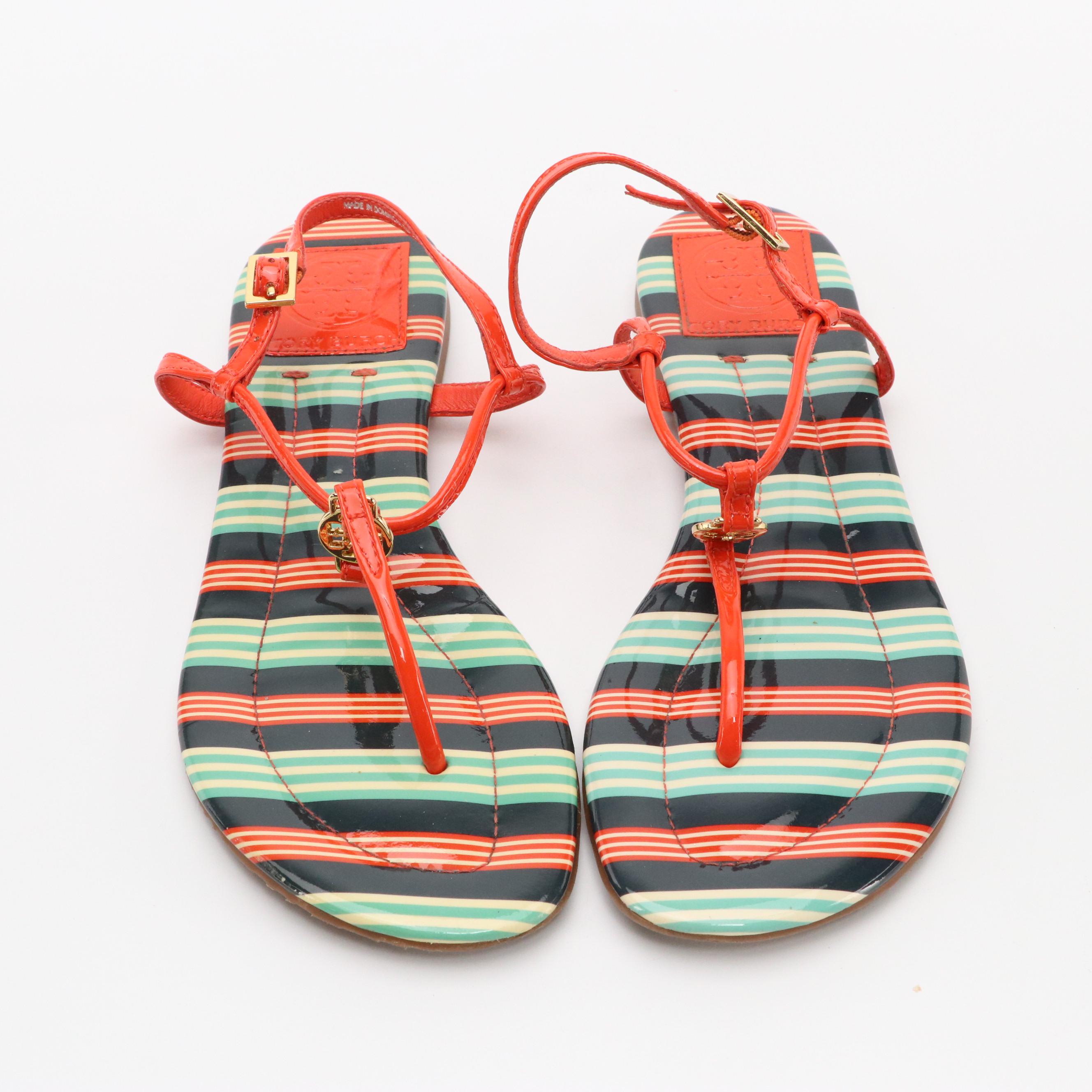 Tory Burch Emmy Sandals in Habanero Pepper/Bauer Stripe Patent Leather, With Box