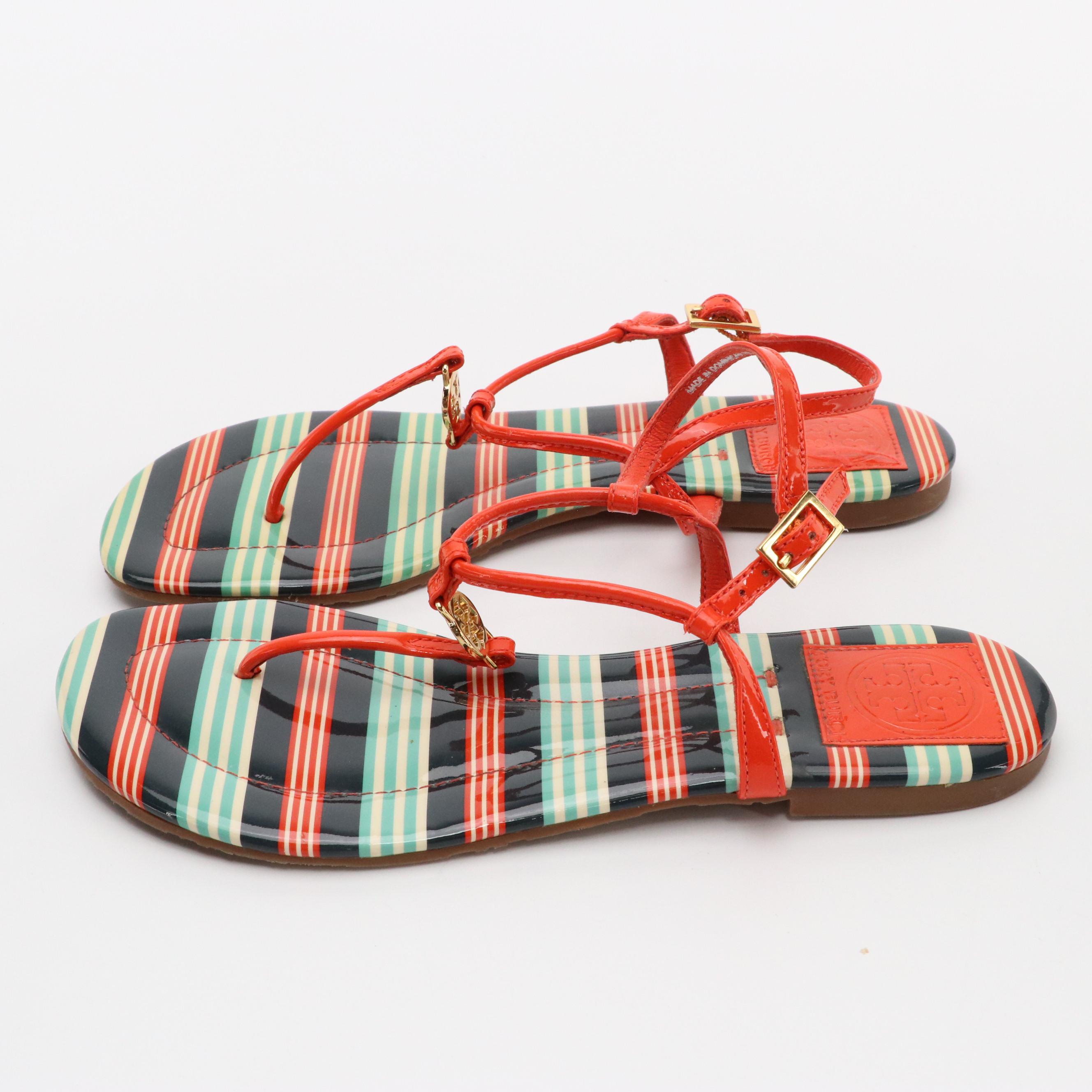 Tory Burch Emmy Sandals in Habanero Pepper/Bauer Stripe Patent Leather, With Box