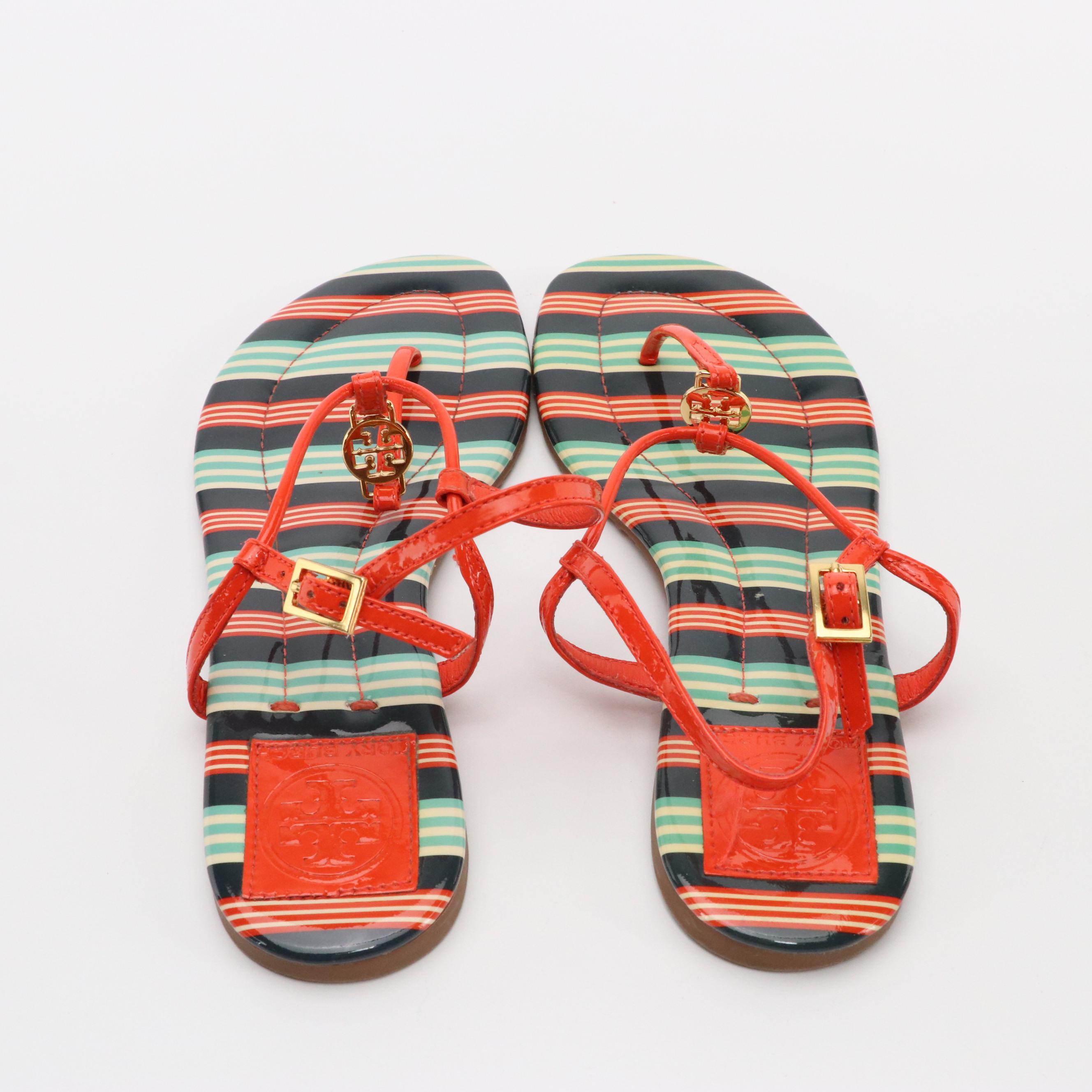 Tory Burch Emmy Sandals in Habanero Pepper/Bauer Stripe Patent Leather, With Box