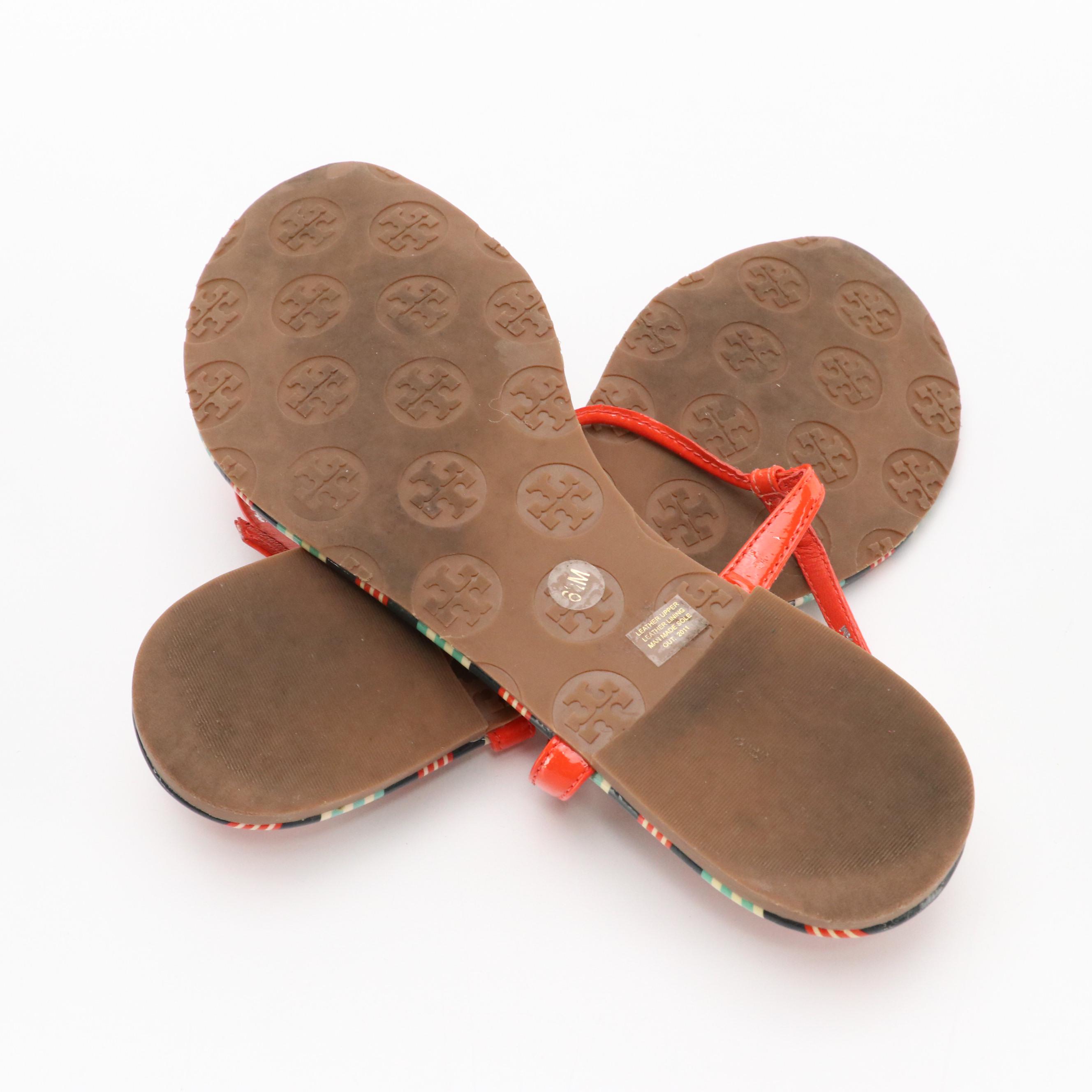 Tory Burch Emmy Sandals in Habanero Pepper/Bauer Stripe Patent Leather, With Box