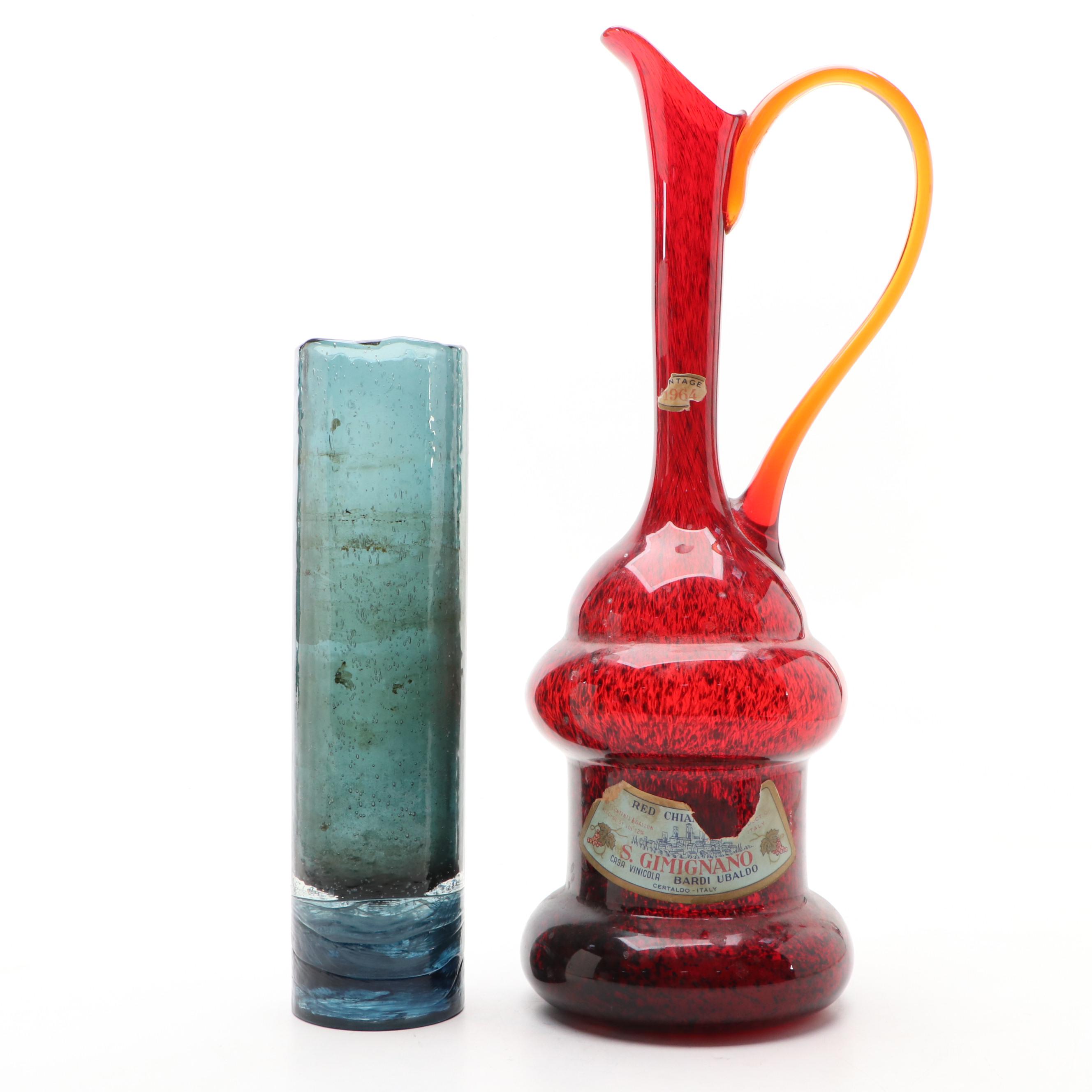 Murano Style Glass Chianti Pitcher with Applied Handle, Art Glass Bud Vase