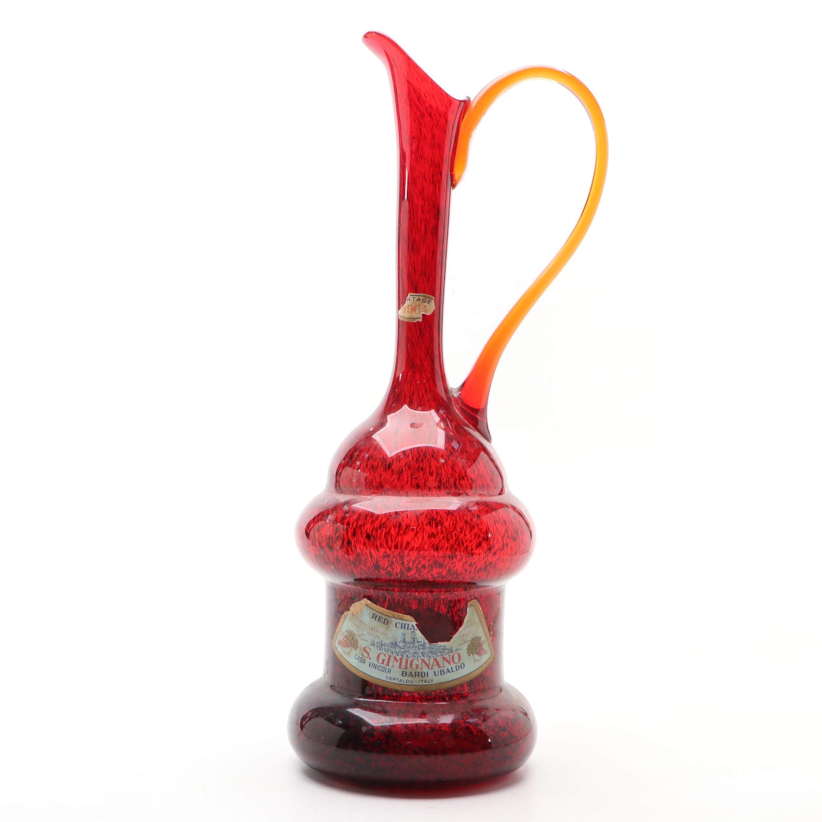 Murano Style Glass Chianti Pitcher with Applied Handle, Art Glass Bud Vase