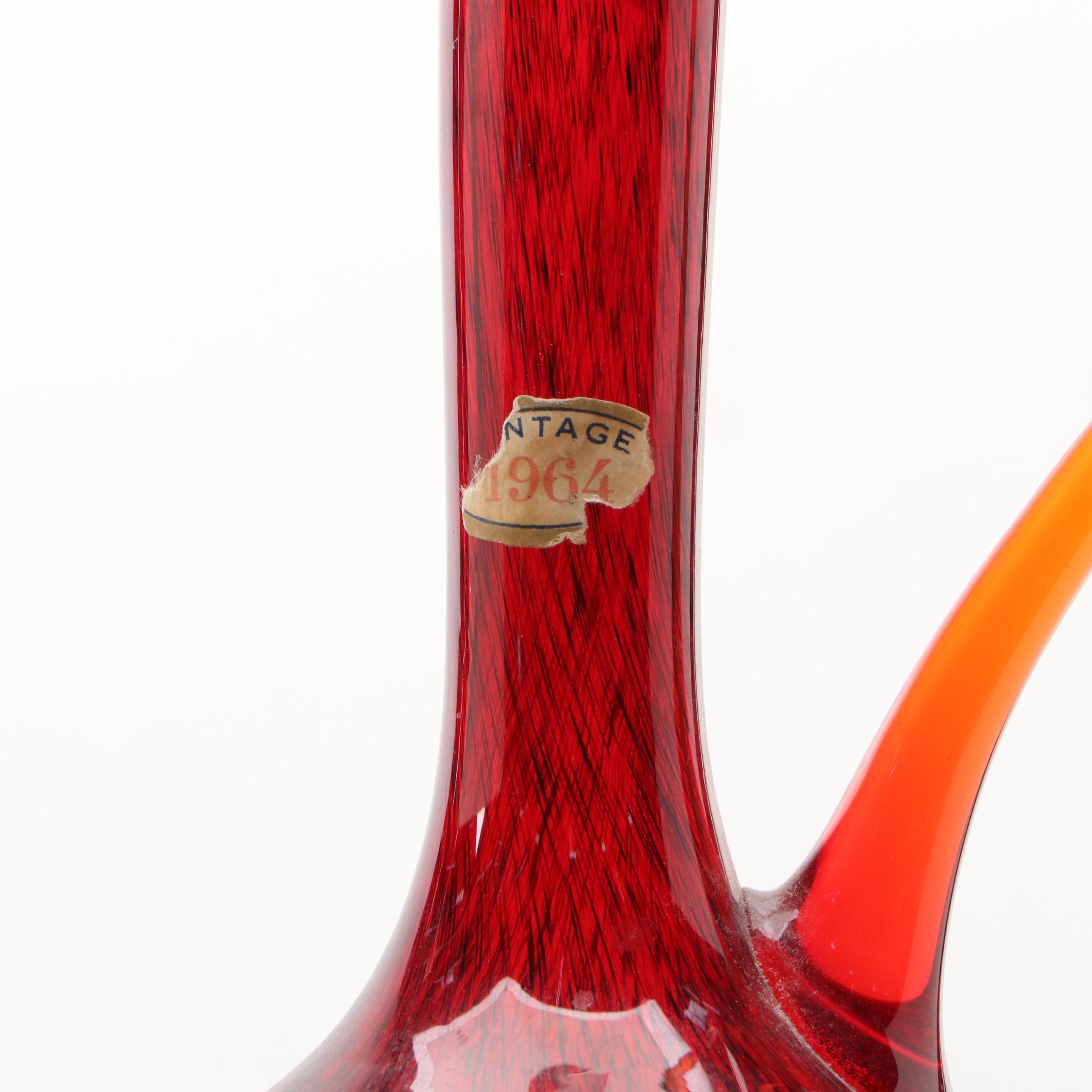 Murano Style Glass Chianti Pitcher with Applied Handle, Art Glass Bud Vase