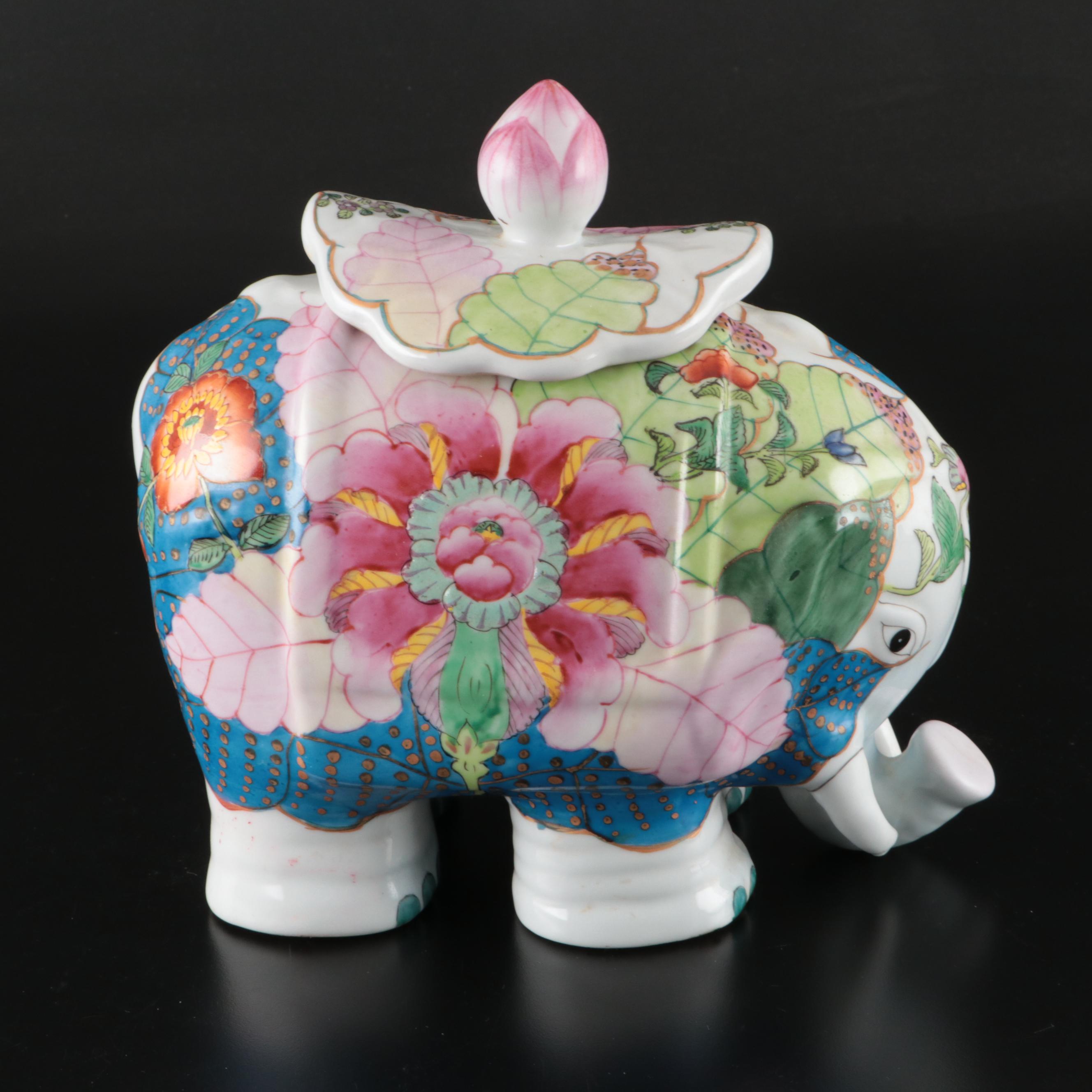 Chinese Porcelain Tobacco Leaf Elephant Shaped Jar