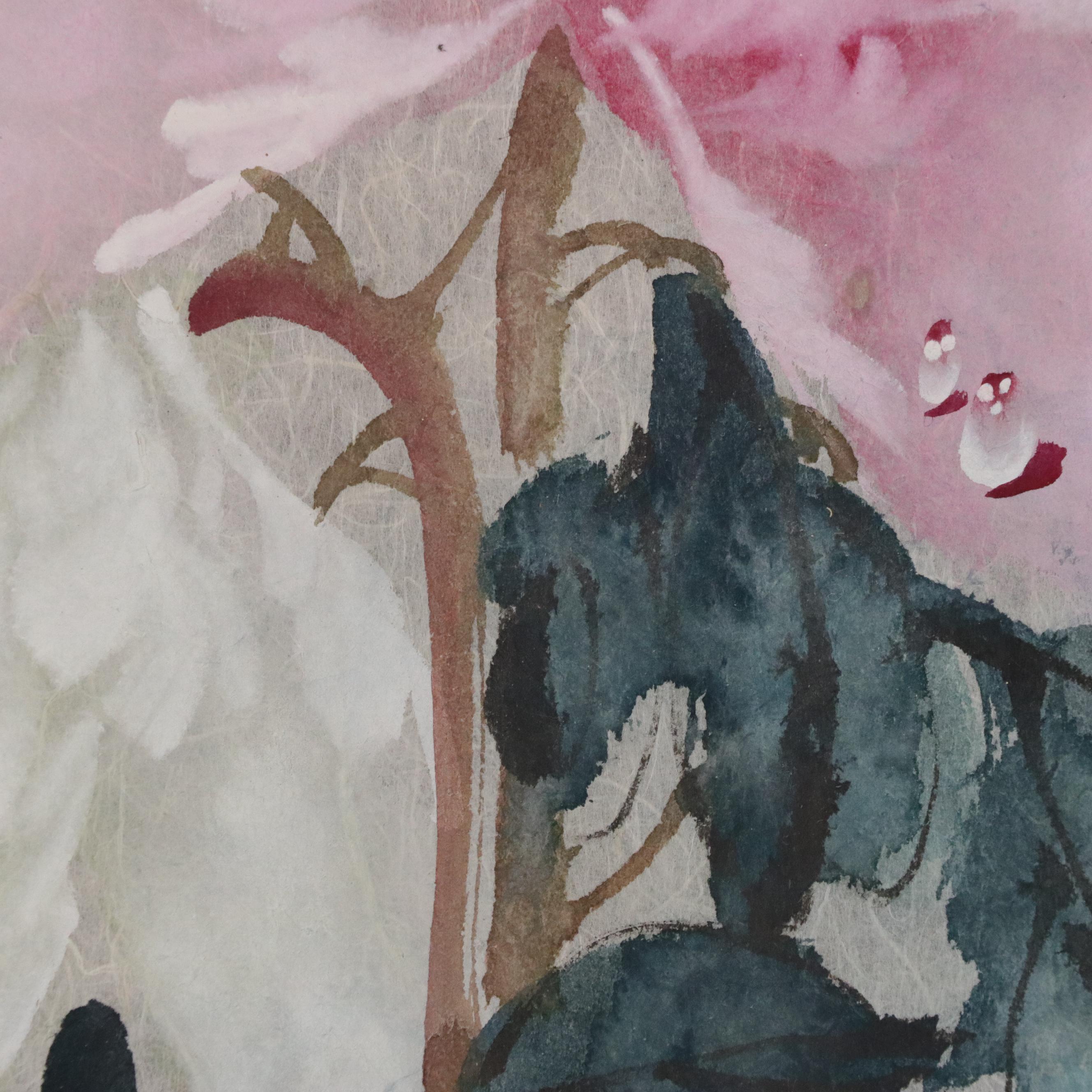 Karl J. Feng Floral Watercolor Painting of Peonies and Butterflies