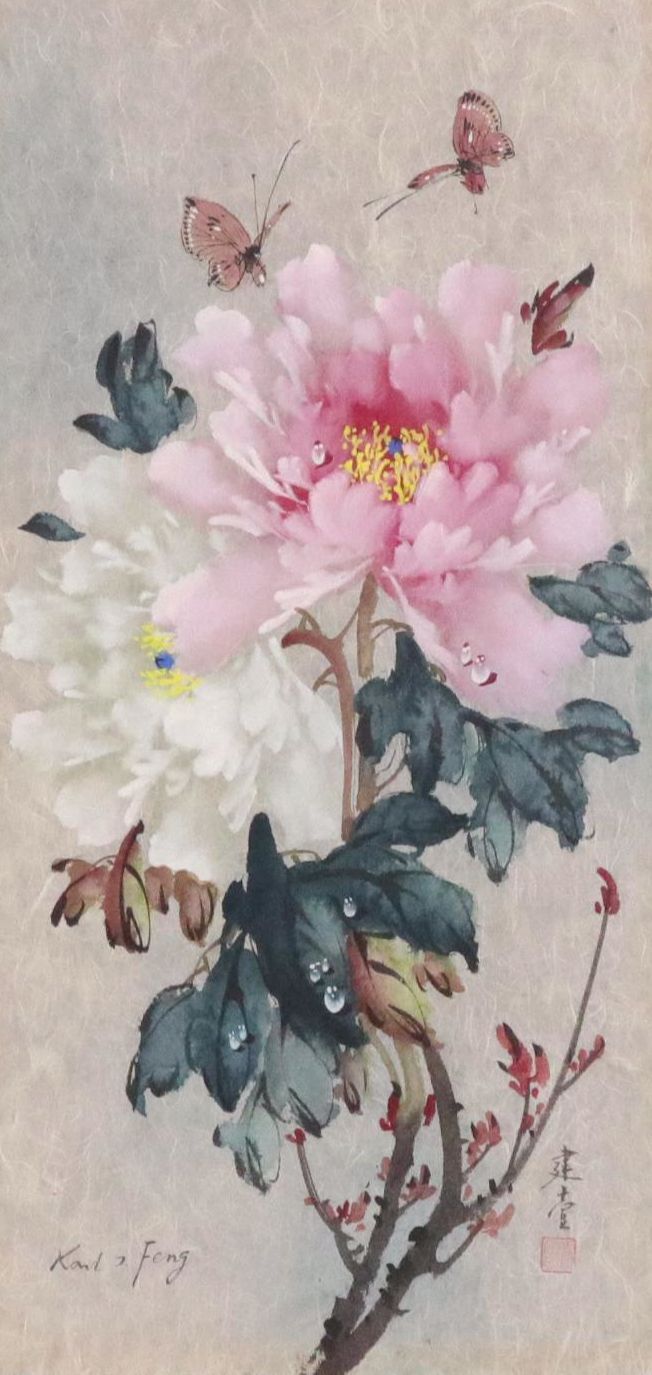 Karl J. Feng Floral Watercolor Painting of Peonies and Butterflies