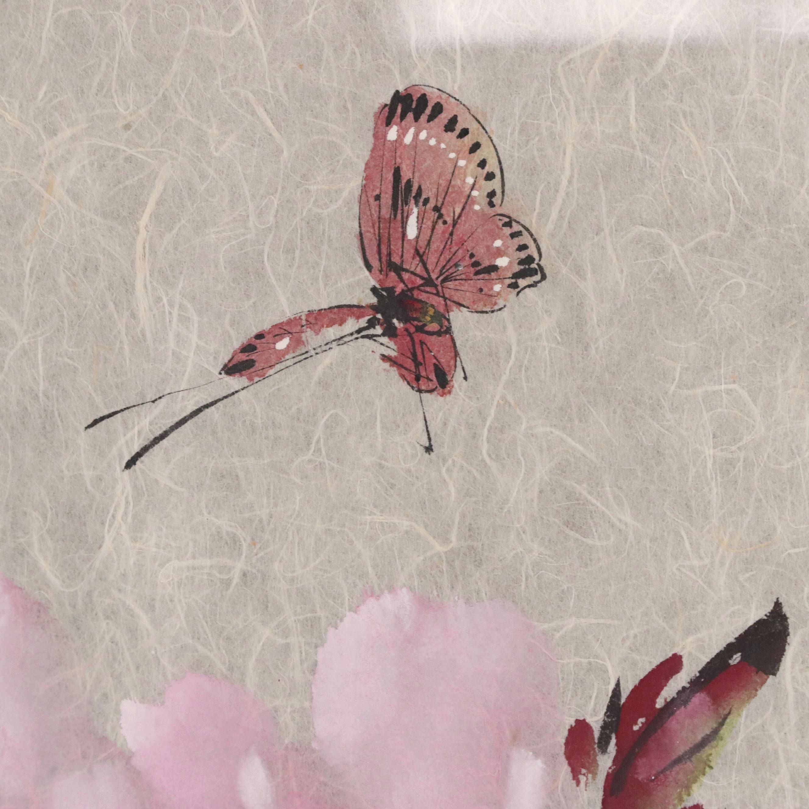 Karl J. Feng Floral Watercolor Painting of Peonies and Butterflies