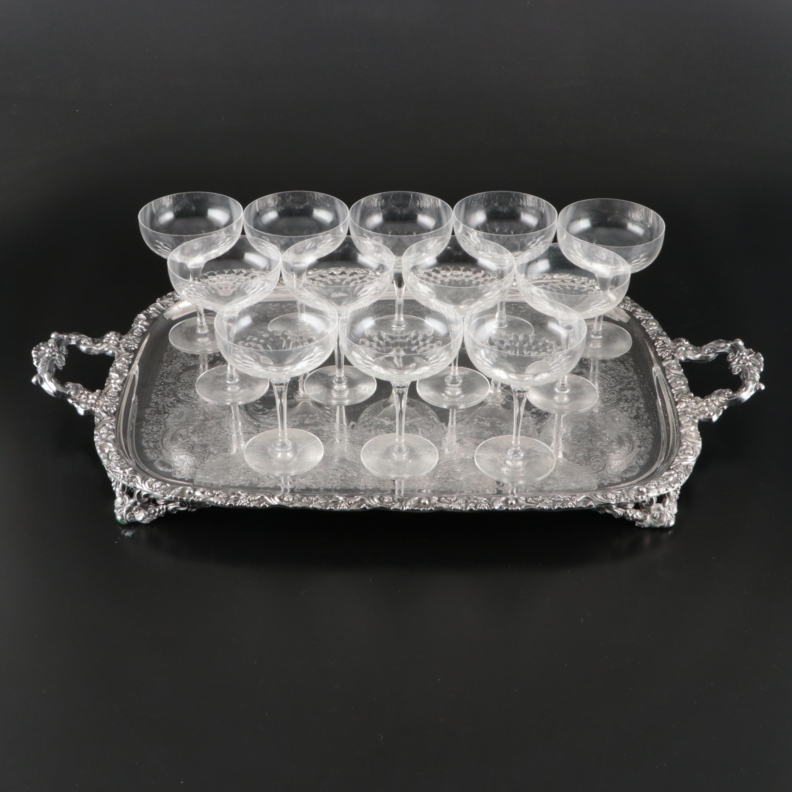Orrefors "Prelude" Champagne Coupes and Baroque Style Silver Plate Serving Tray