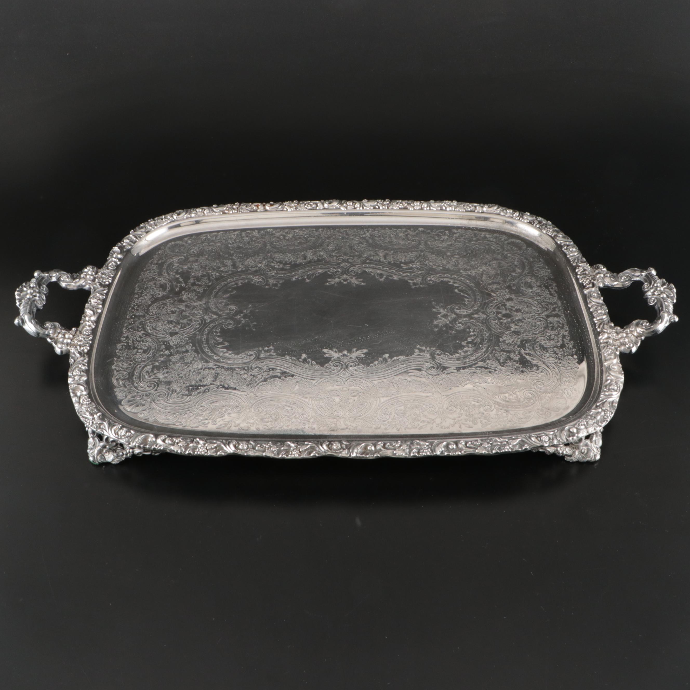 Orrefors "Prelude" Champagne Coupes and Baroque Style Silver Plate Serving Tray