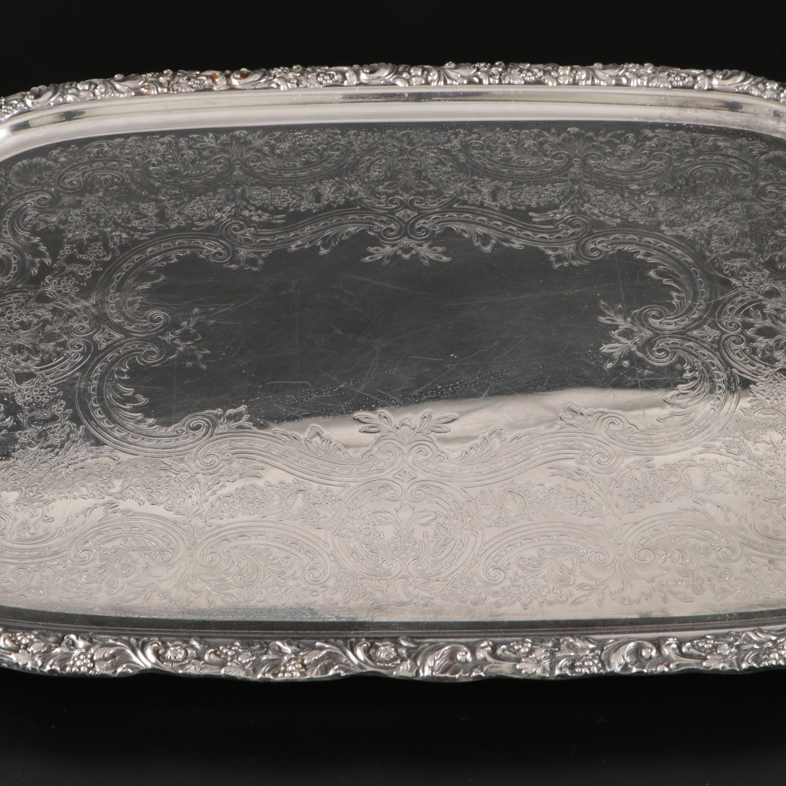 Orrefors "Prelude" Champagne Coupes and Baroque Style Silver Plate Serving Tray