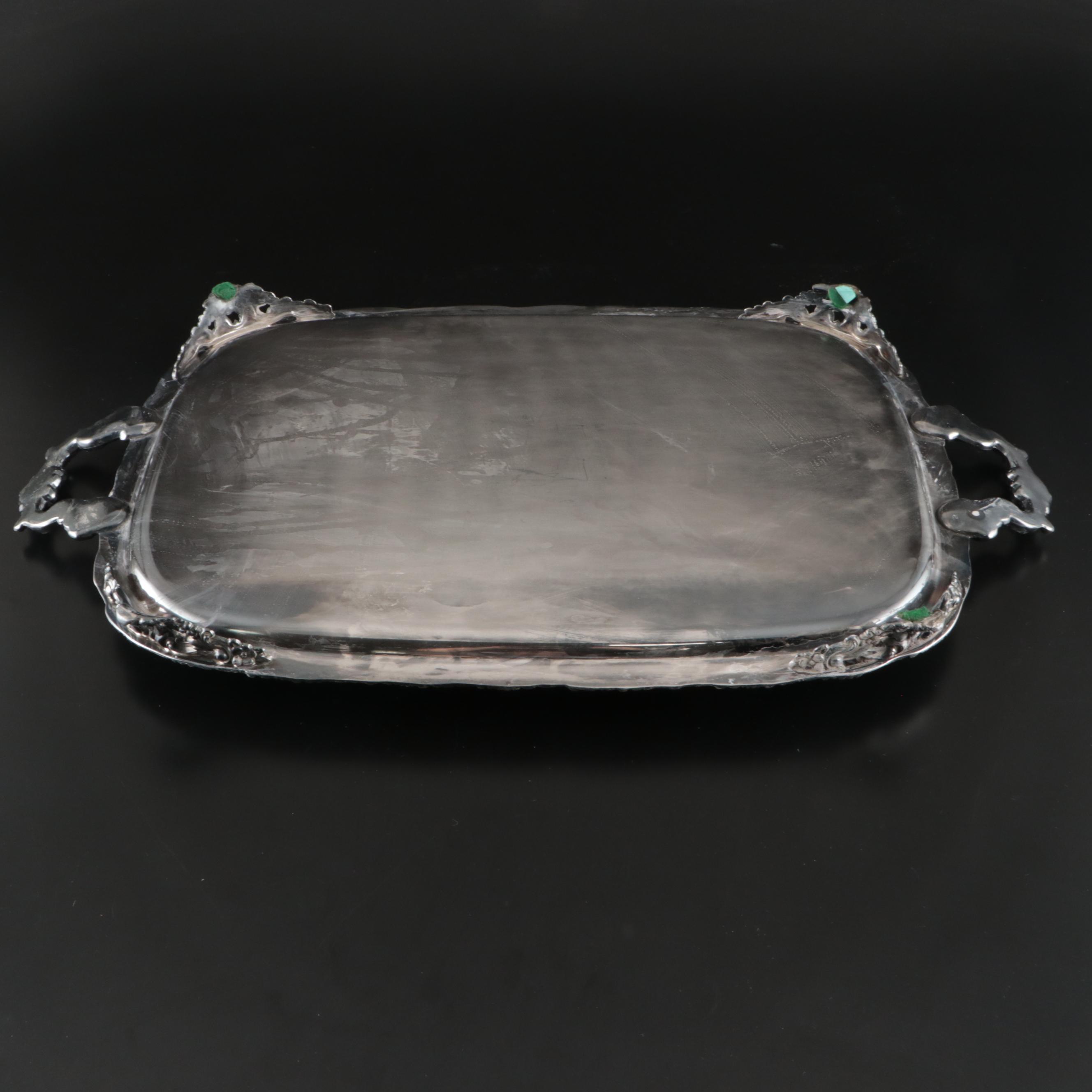 Orrefors "Prelude" Champagne Coupes and Baroque Style Silver Plate Serving Tray