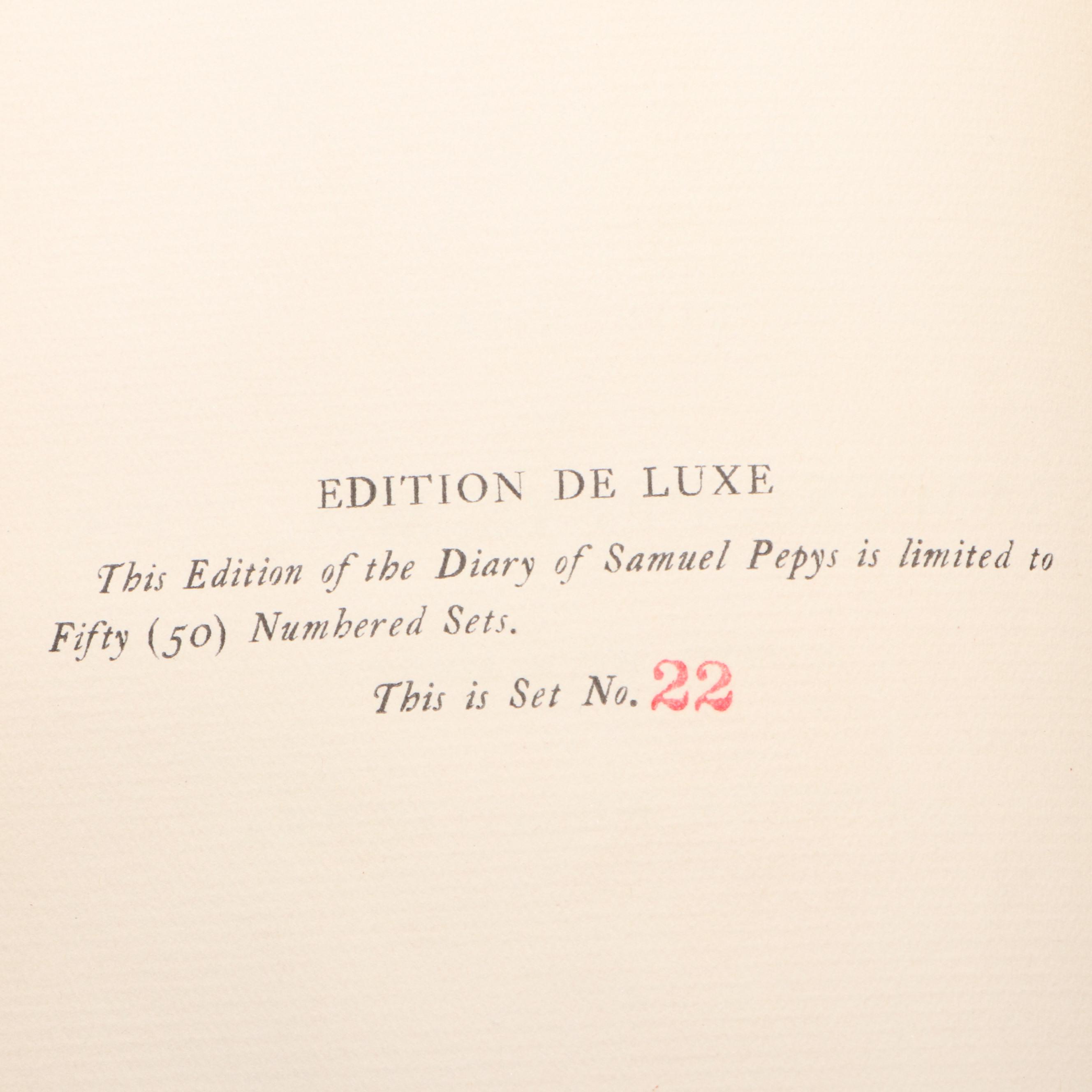 Edition De Luxe "The Diary of Samuel Pepys" Edited by Henry B. Wheatley, 1898