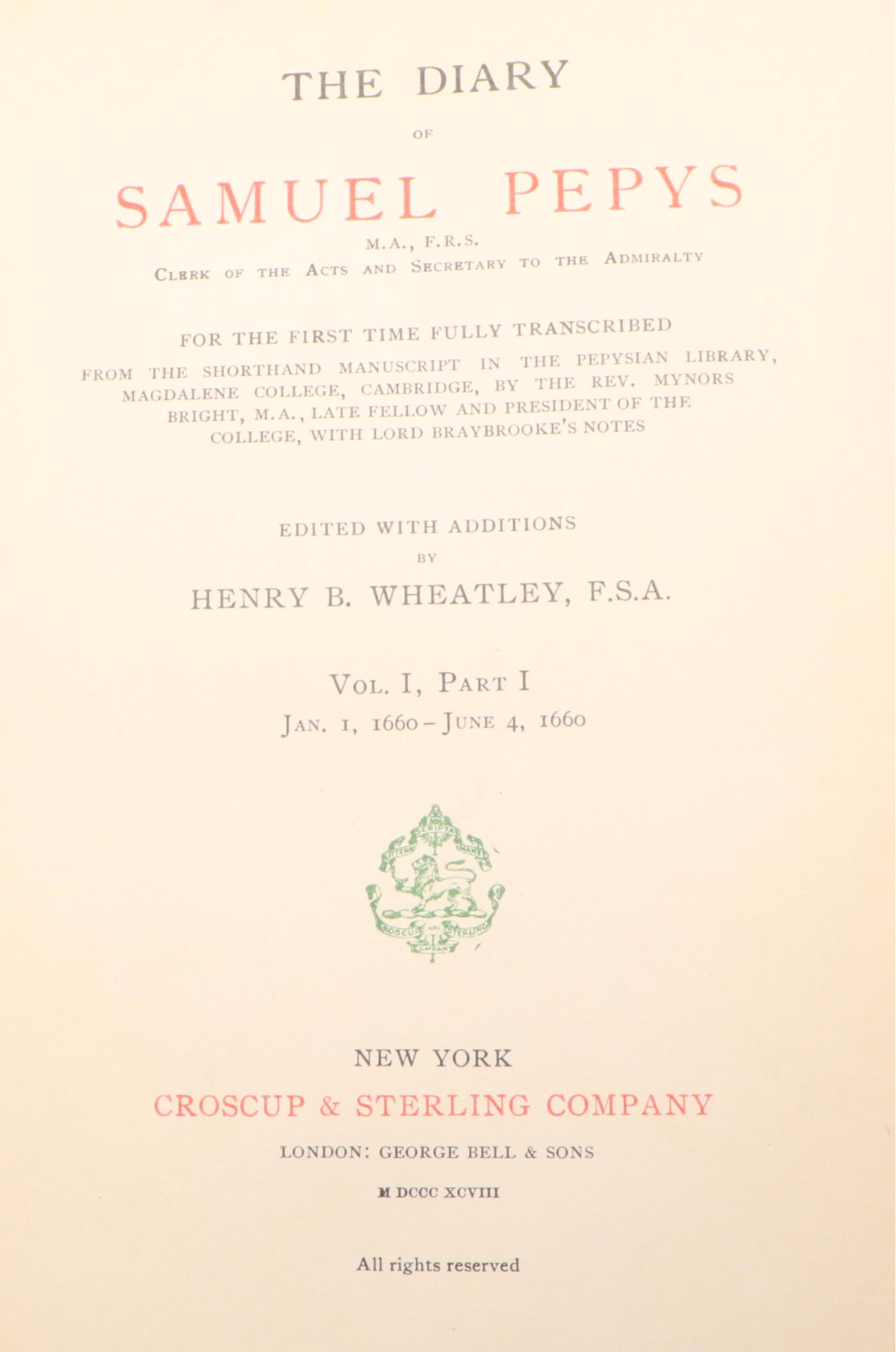 Edition De Luxe "The Diary of Samuel Pepys" Edited by Henry B. Wheatley, 1898
