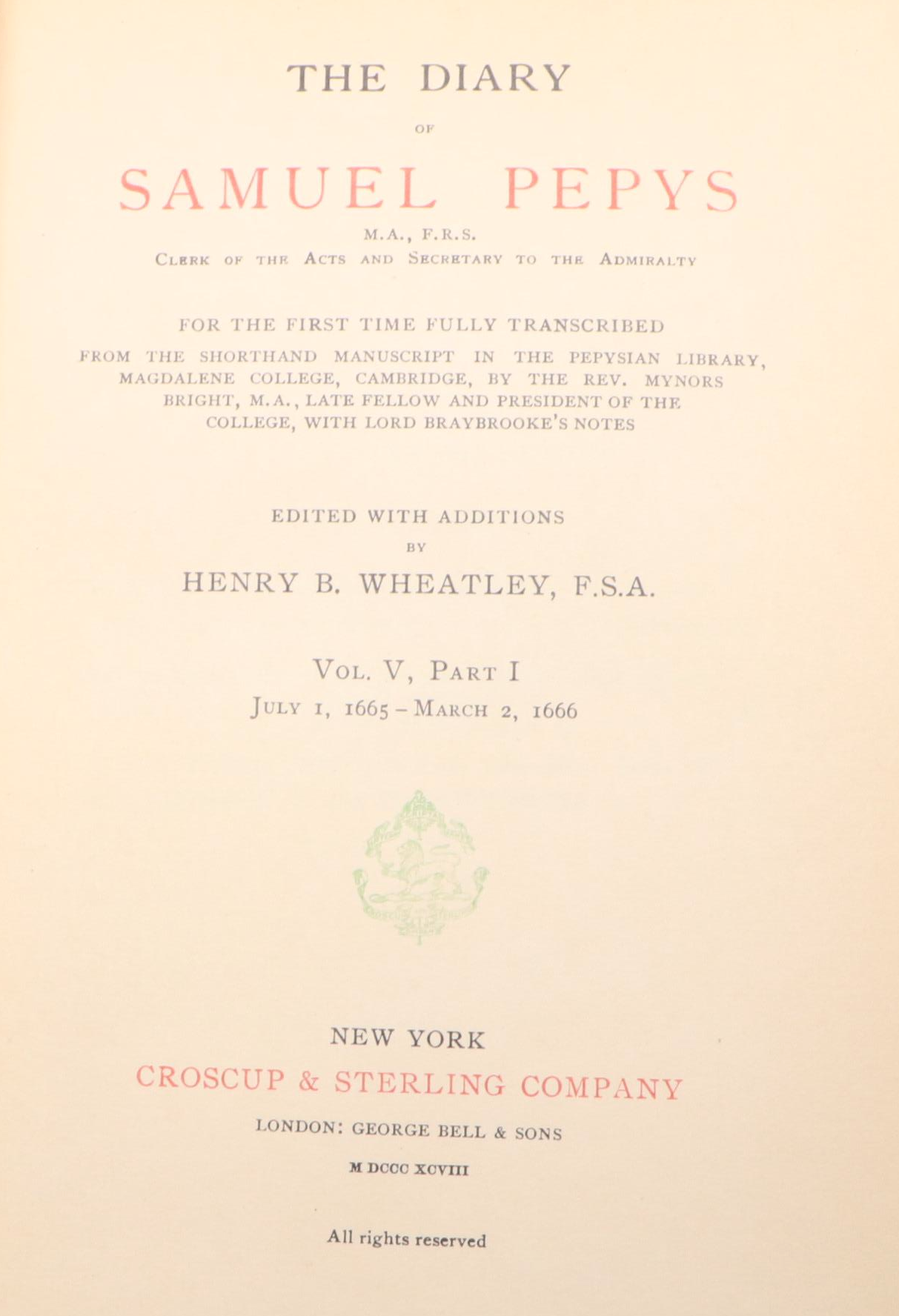 Edition De Luxe "The Diary of Samuel Pepys" Edited by Henry B. Wheatley, 1898