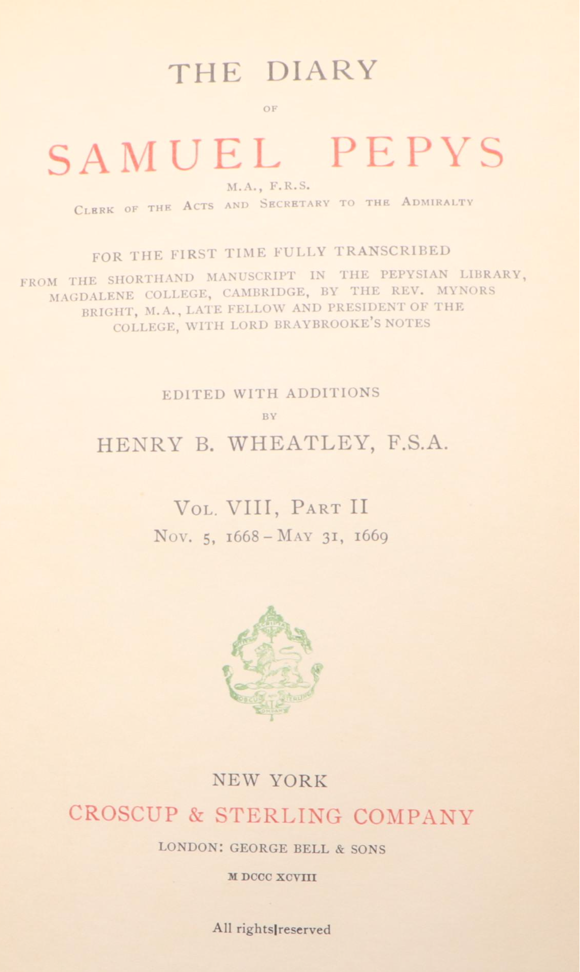 Edition De Luxe "The Diary of Samuel Pepys" Edited by Henry B. Wheatley, 1898