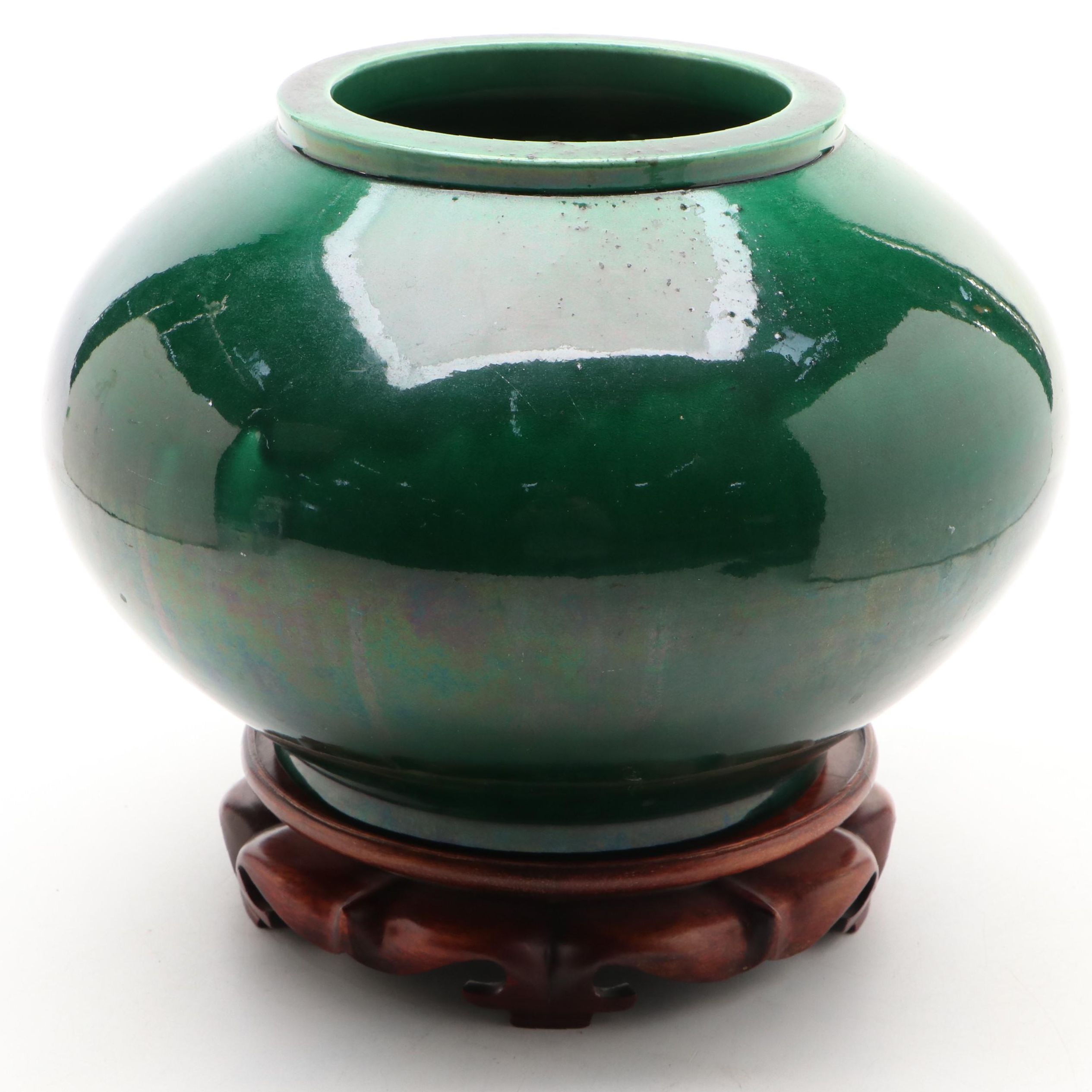 Chinese Ceramic Green Glazed Jar with Wooden Pedestal